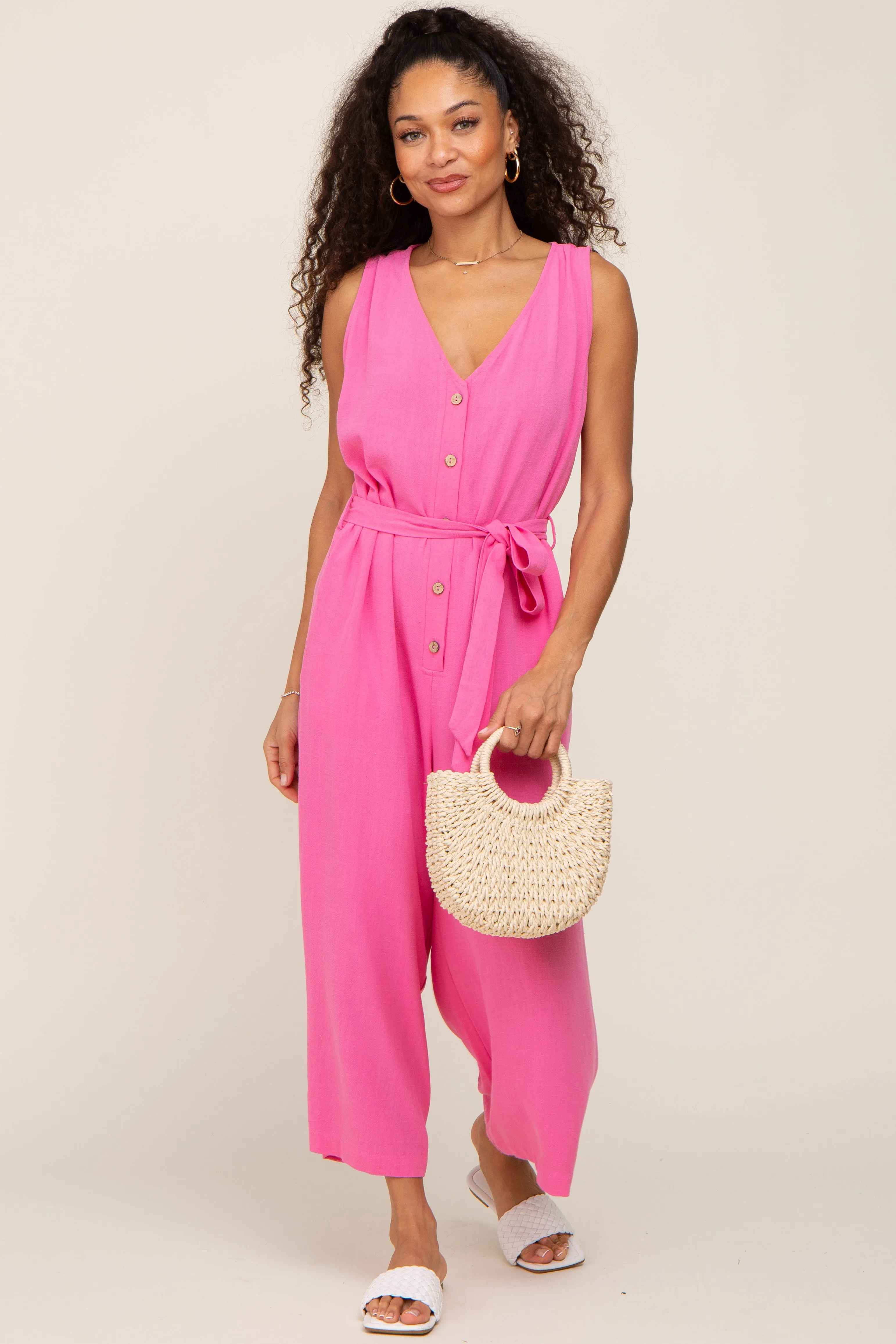 Pink Sleeveless Button Front Cropped Jumpsuit sold by Pinkblush product image thumbnail 2