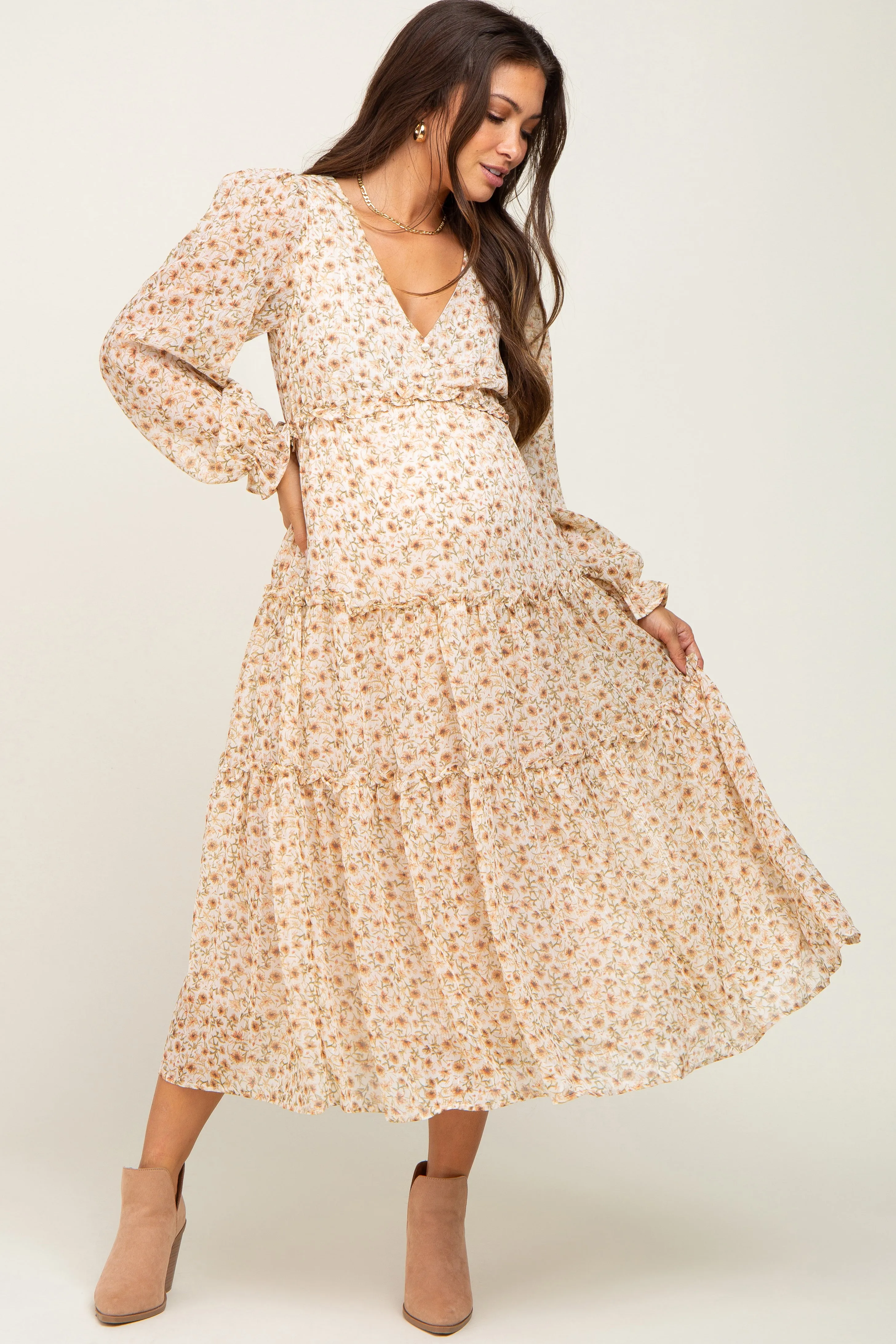 Cream Floral Ruffle Tiered Maternity Midi Dress sold by Pinkblush