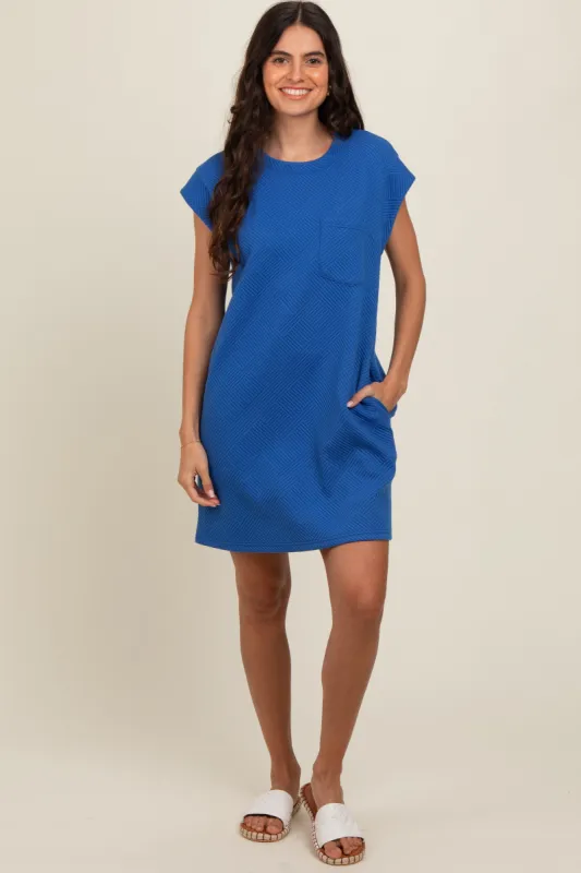 Royal Blue Front Pocket Line Textured Short Sleeve Dress sold by Pinkblush