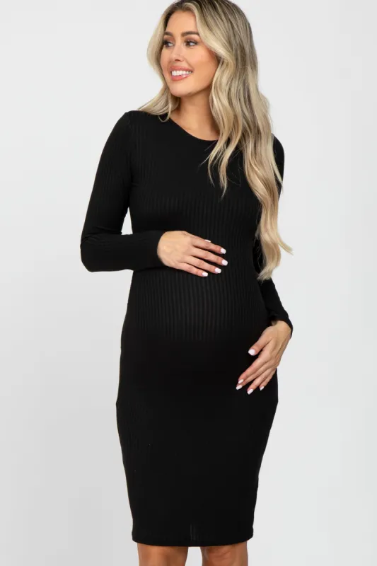 Black Ribbed Fitted Long Sleeve Maternity Dress sold by Pinkblush