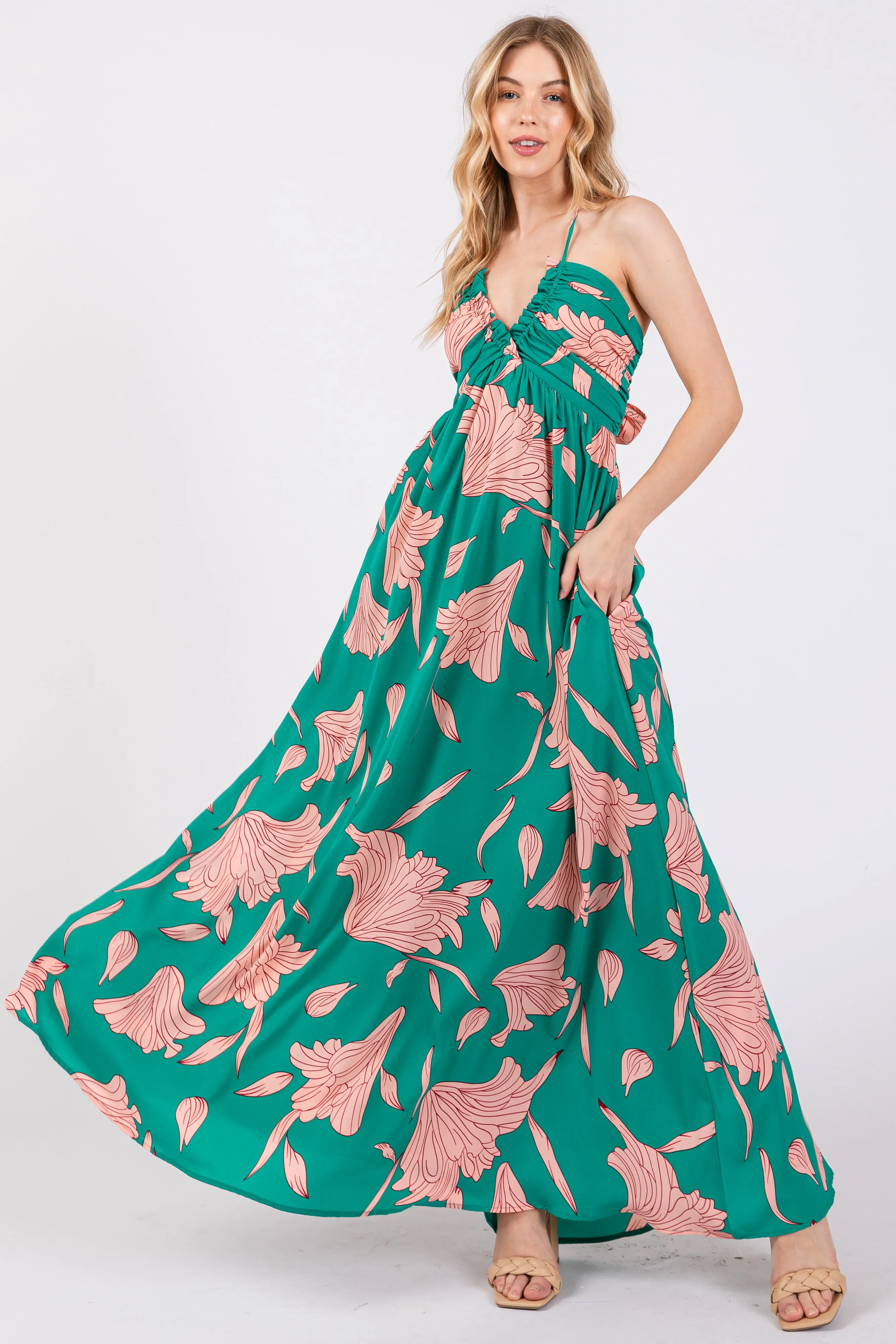 Green Floral Chiffon Front Ruched Halter Maxi Dress sold by Pinkblush