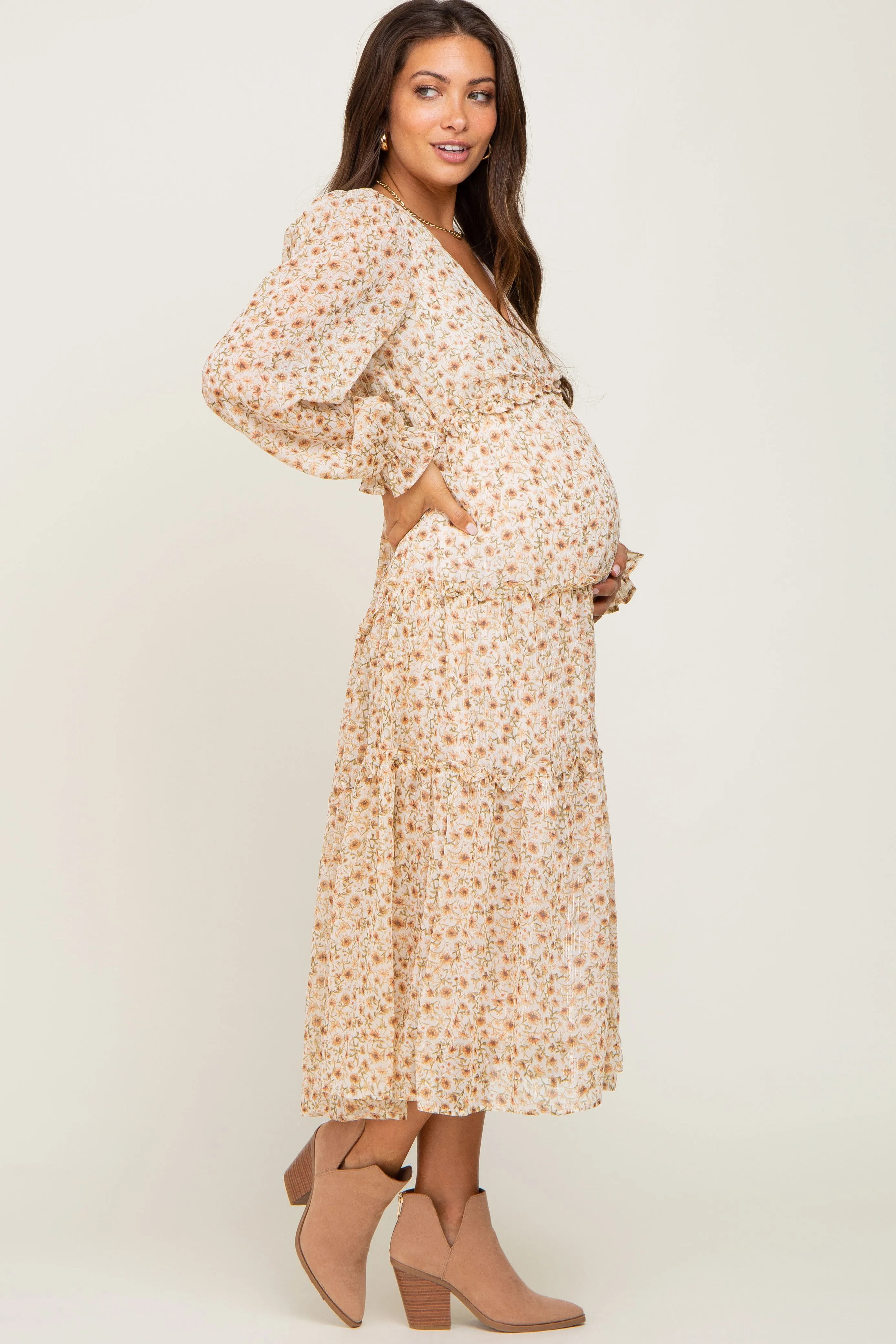 Cream Floral Ruffle Tiered Maternity Midi Dress sold by Pinkblush product image thumbnail 2