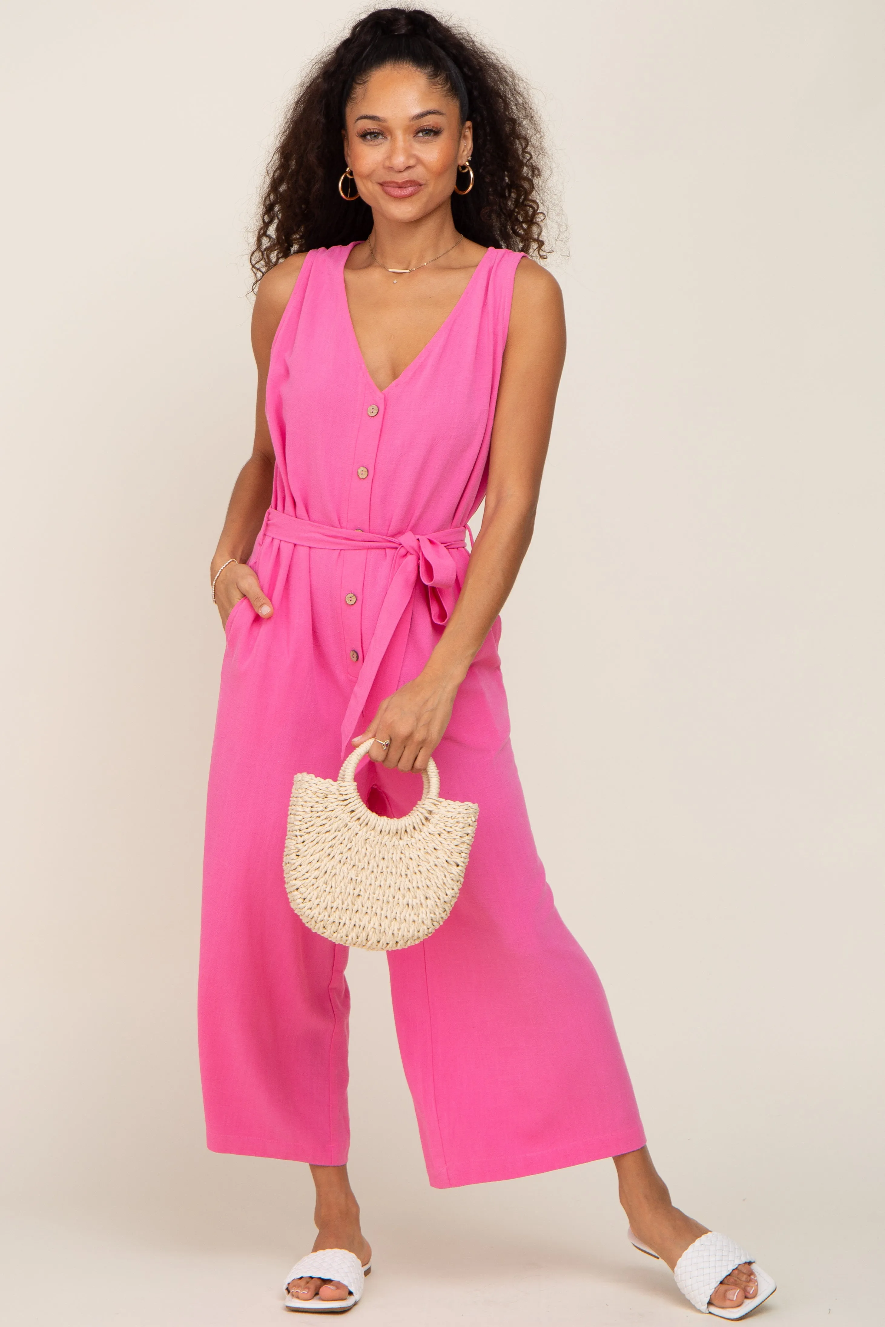Pink Sleeveless Button Front Cropped Jumpsuit sold by Pinkblush