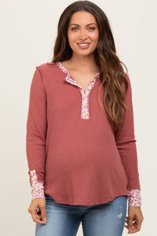 Mauve Floral Accent Maternity Henley Top sold by Pinkblush
