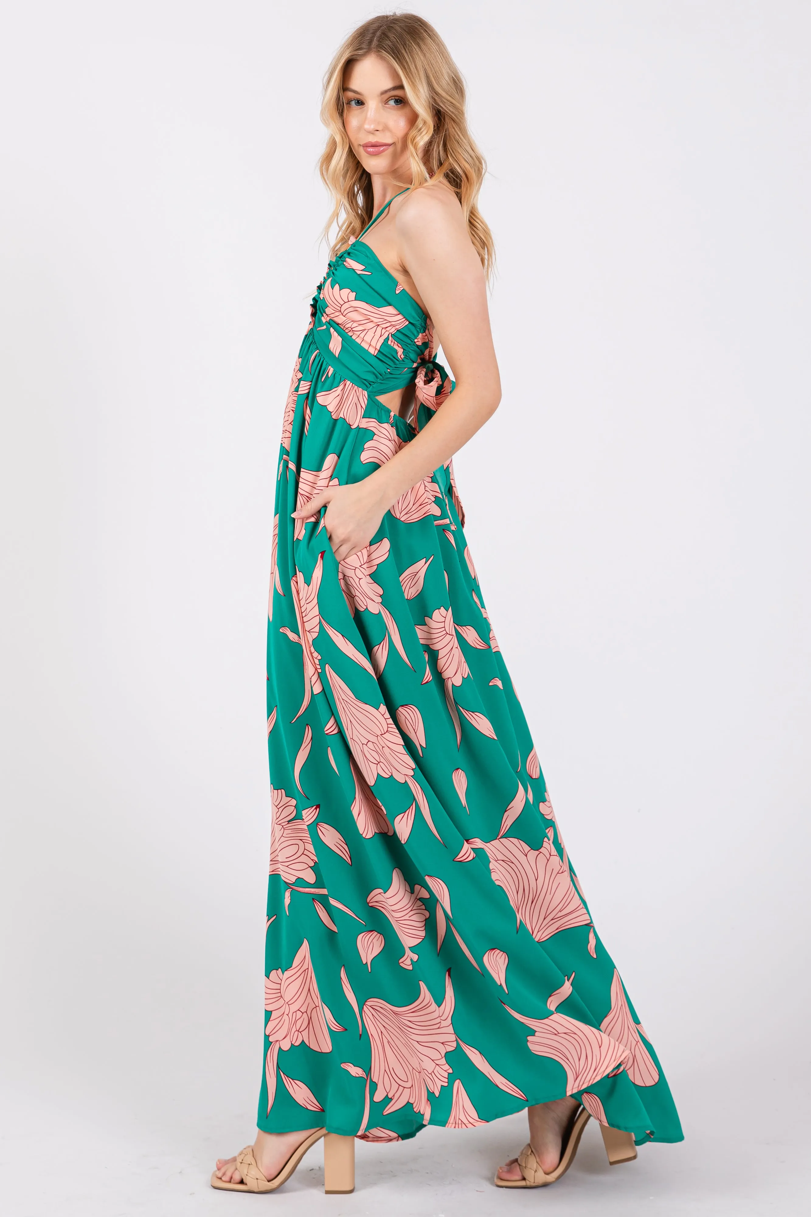 Green Floral Chiffon Front Ruched Halter Maxi Dress sold by Pinkblush product image thumbnail 2