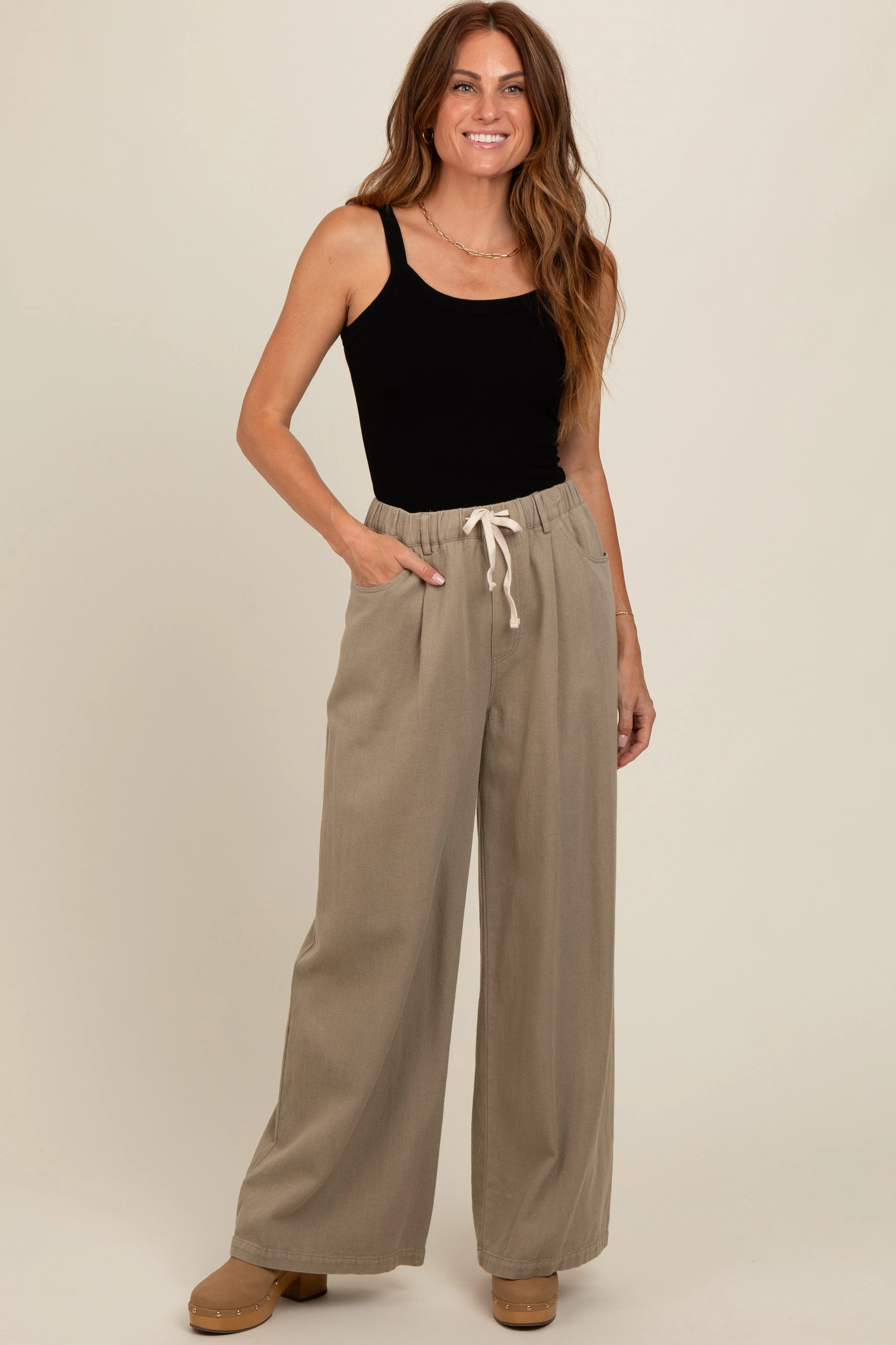 Olive Drawstring Wide Leg Pants sold by Pinkblush