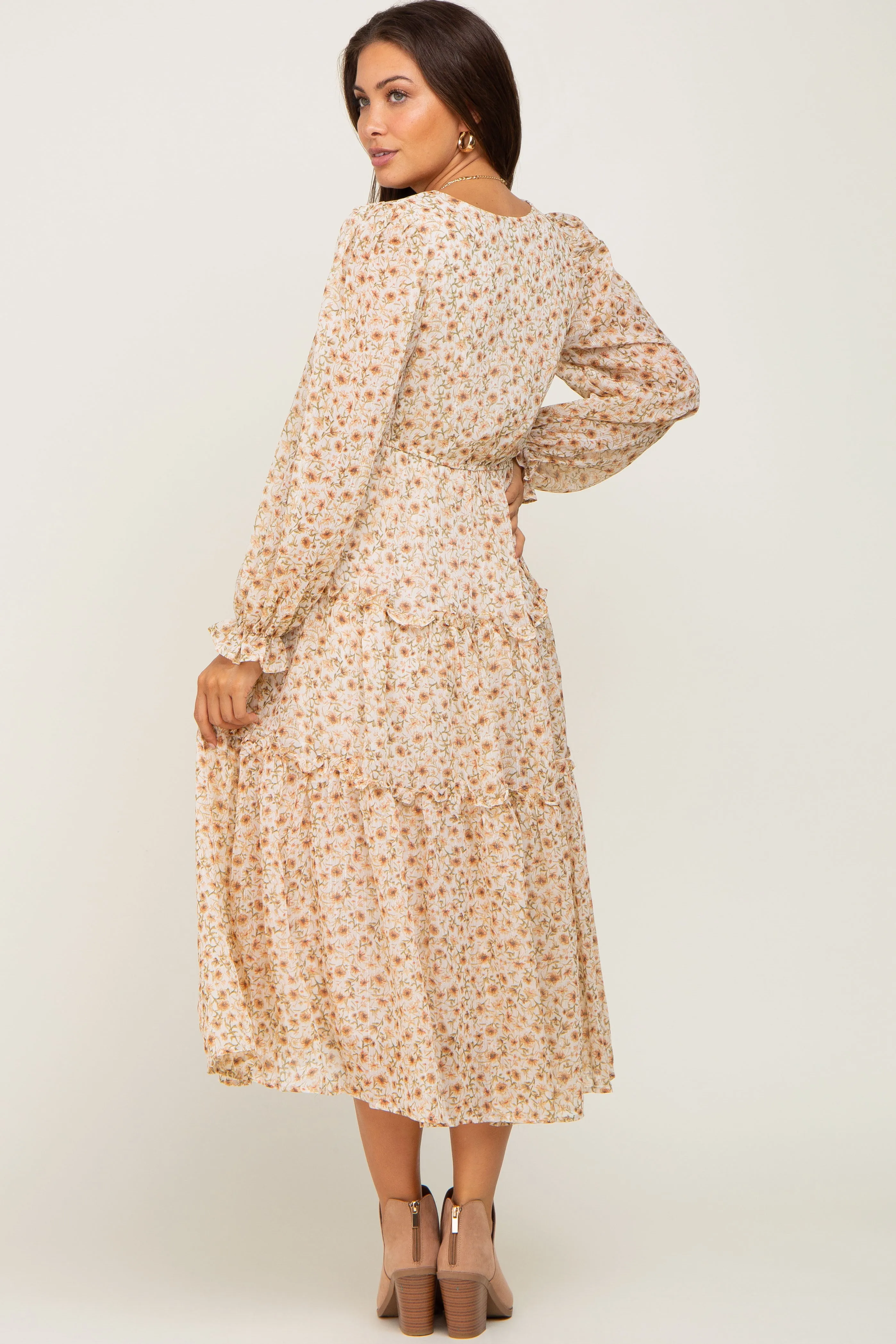 Cream Floral Ruffle Tiered Maternity Midi Dress sold by Pinkblush product image thumbnail 3