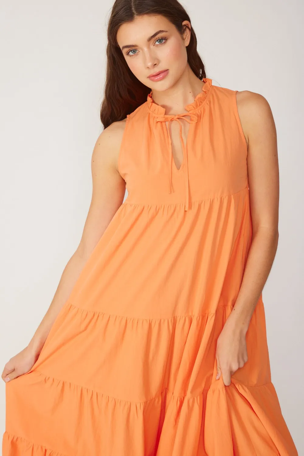 Tangerine Tiered Linen Blend Solid Midi Dress sold by Pinkblush product image thumbnail 4
