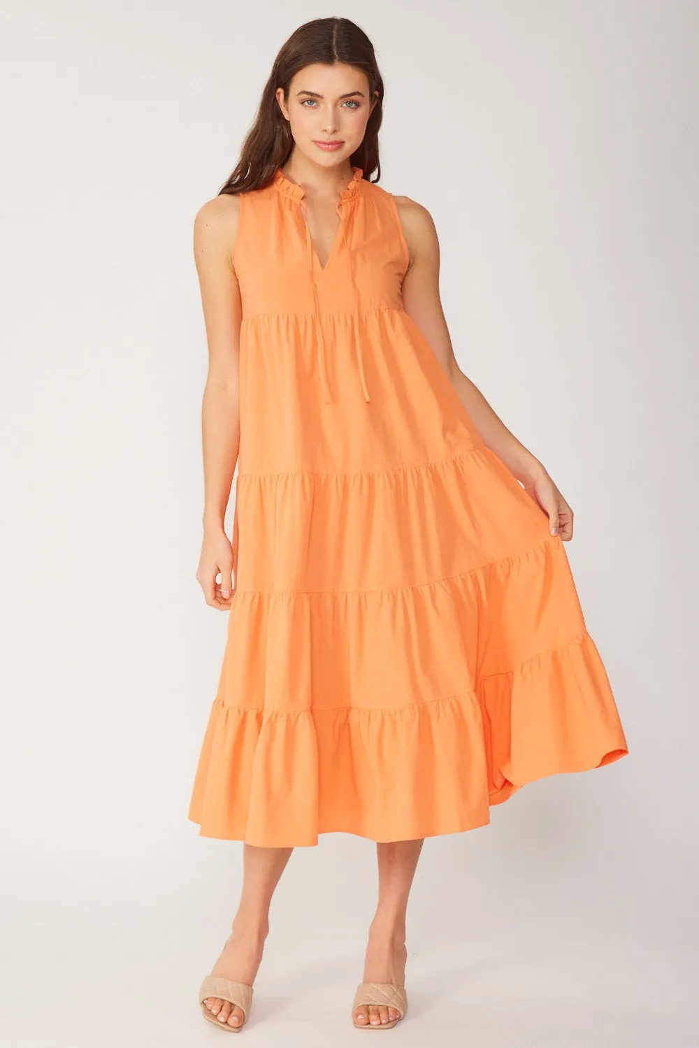 Tangerine Tiered Linen Blend Solid Midi Dress sold by Pinkblush
