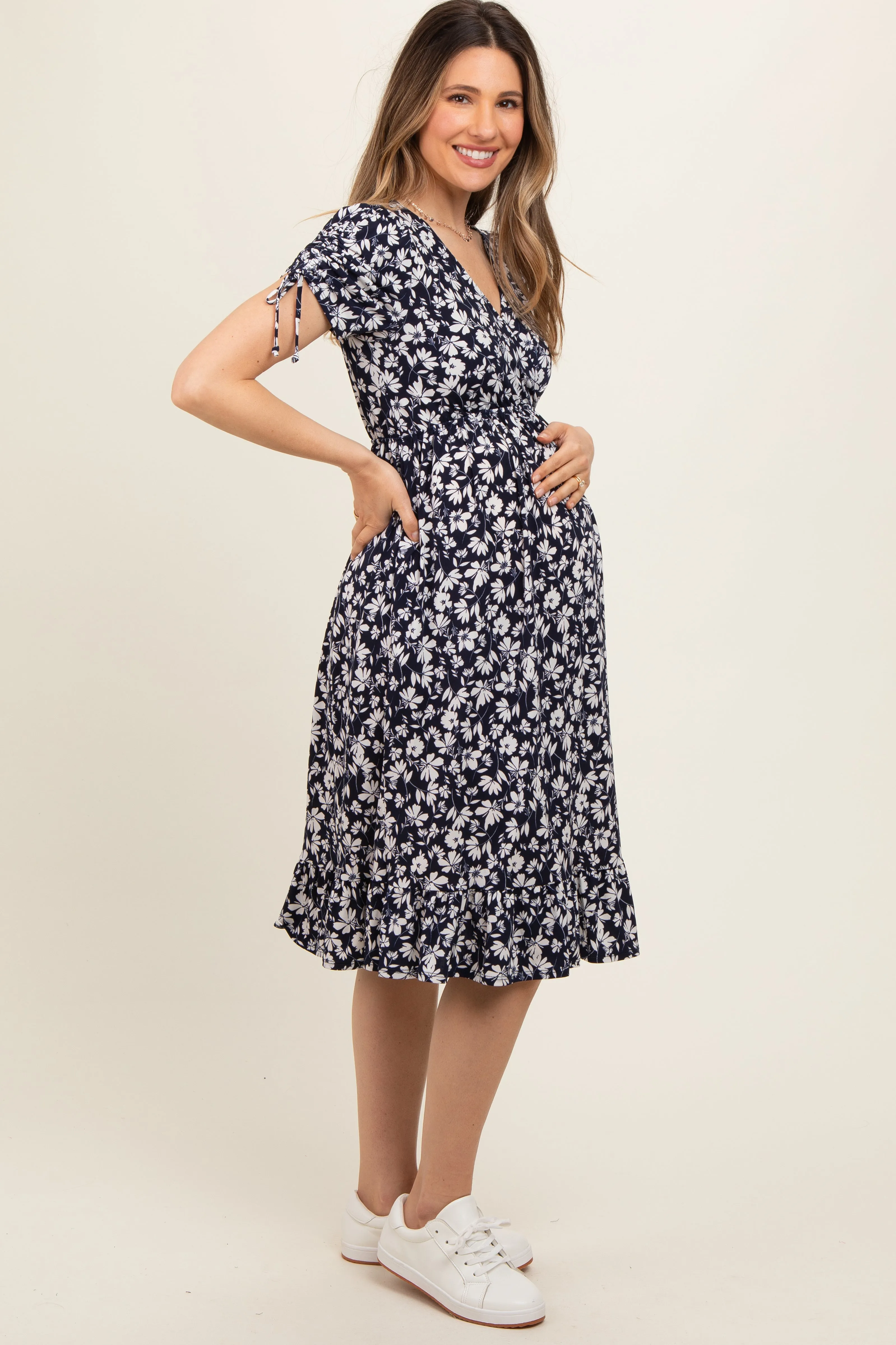 Navy Blue Floral Wrap Maternity Midi Dress sold by Pinkblush product image thumbnail 3