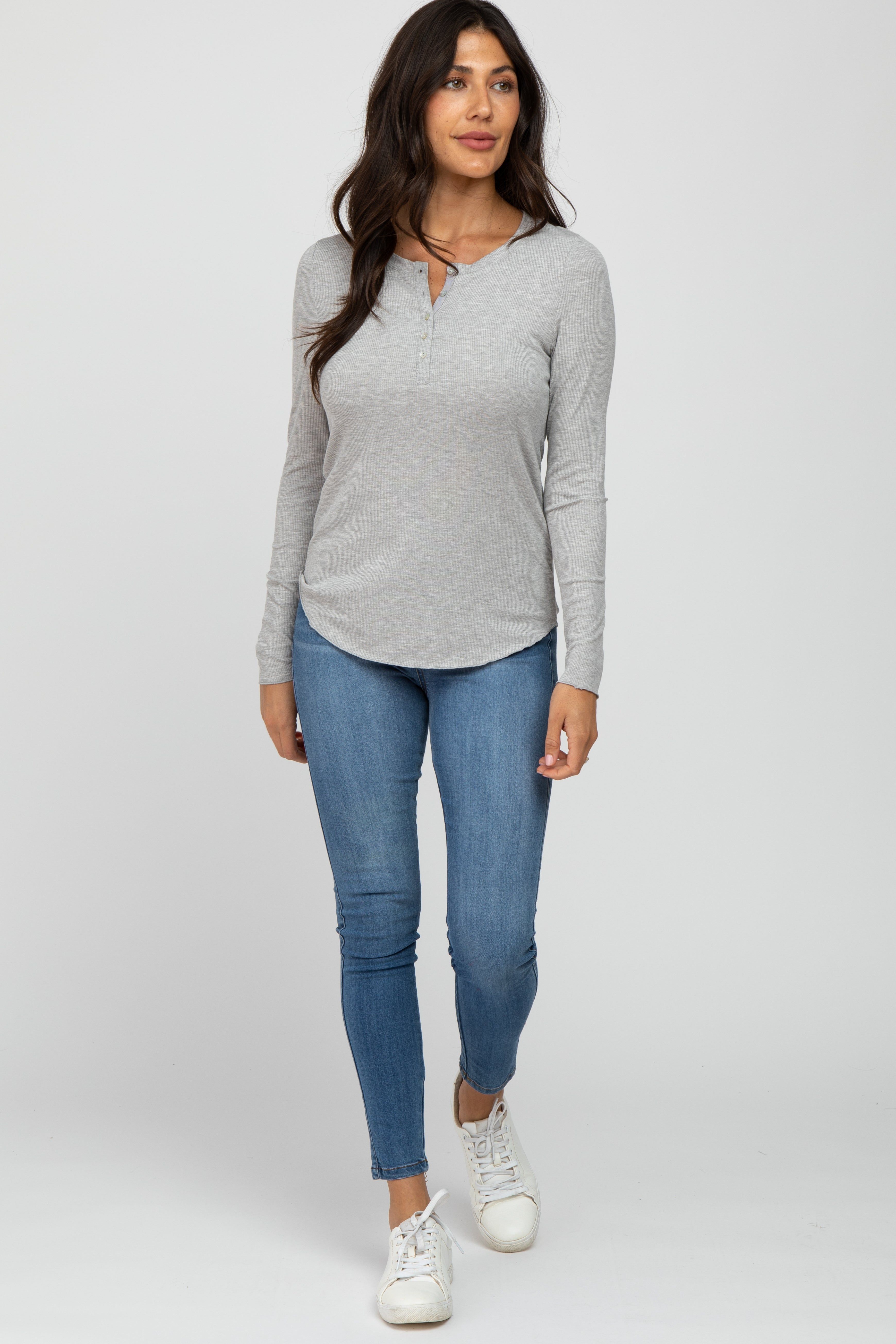 Heather Grey Ribbed Button Front Long Sleeve Top sold by Pinkblush product image thumbnail 2