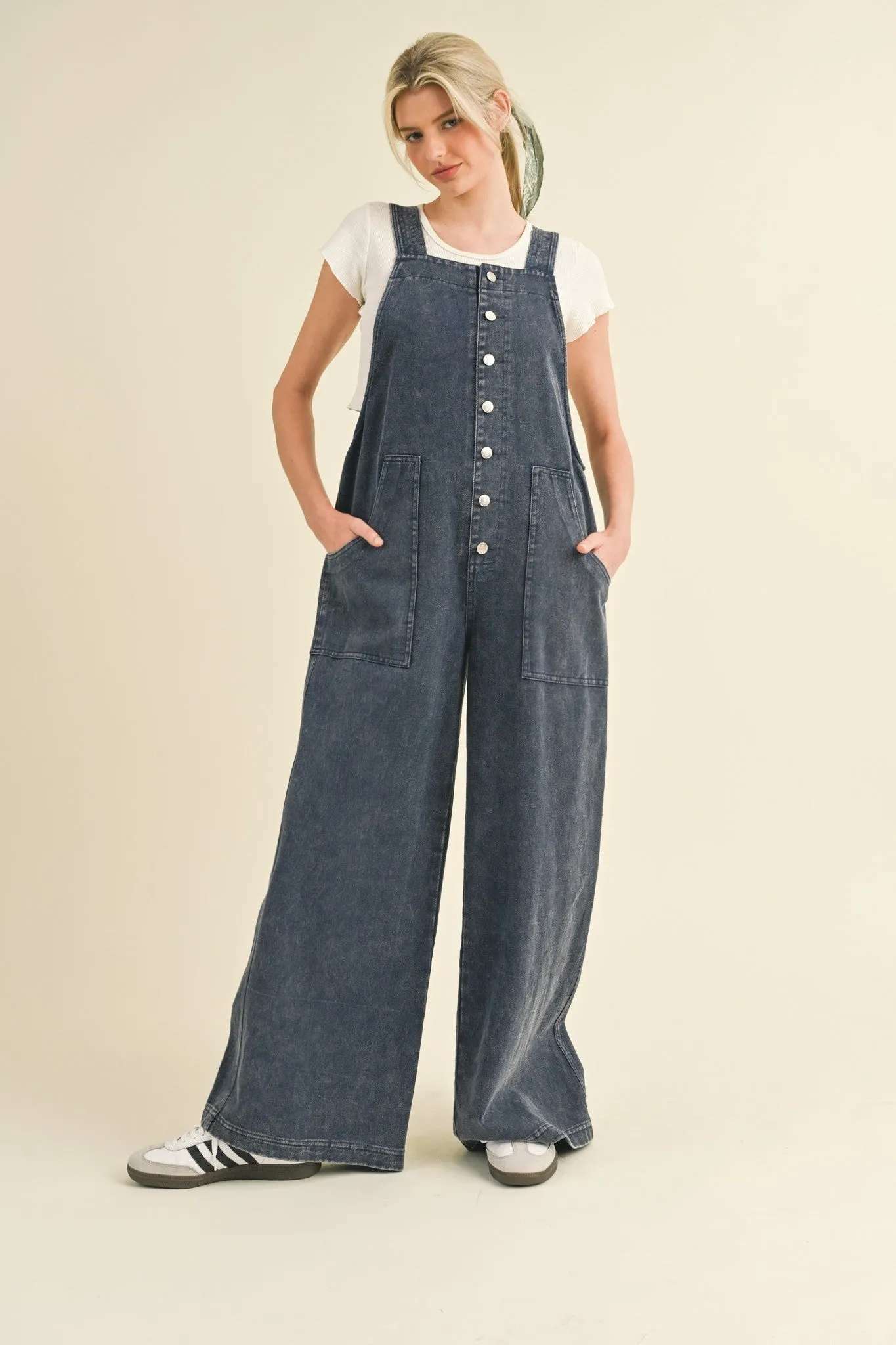 Navy Washed Wide Leg Overalls sold by Pinkblush