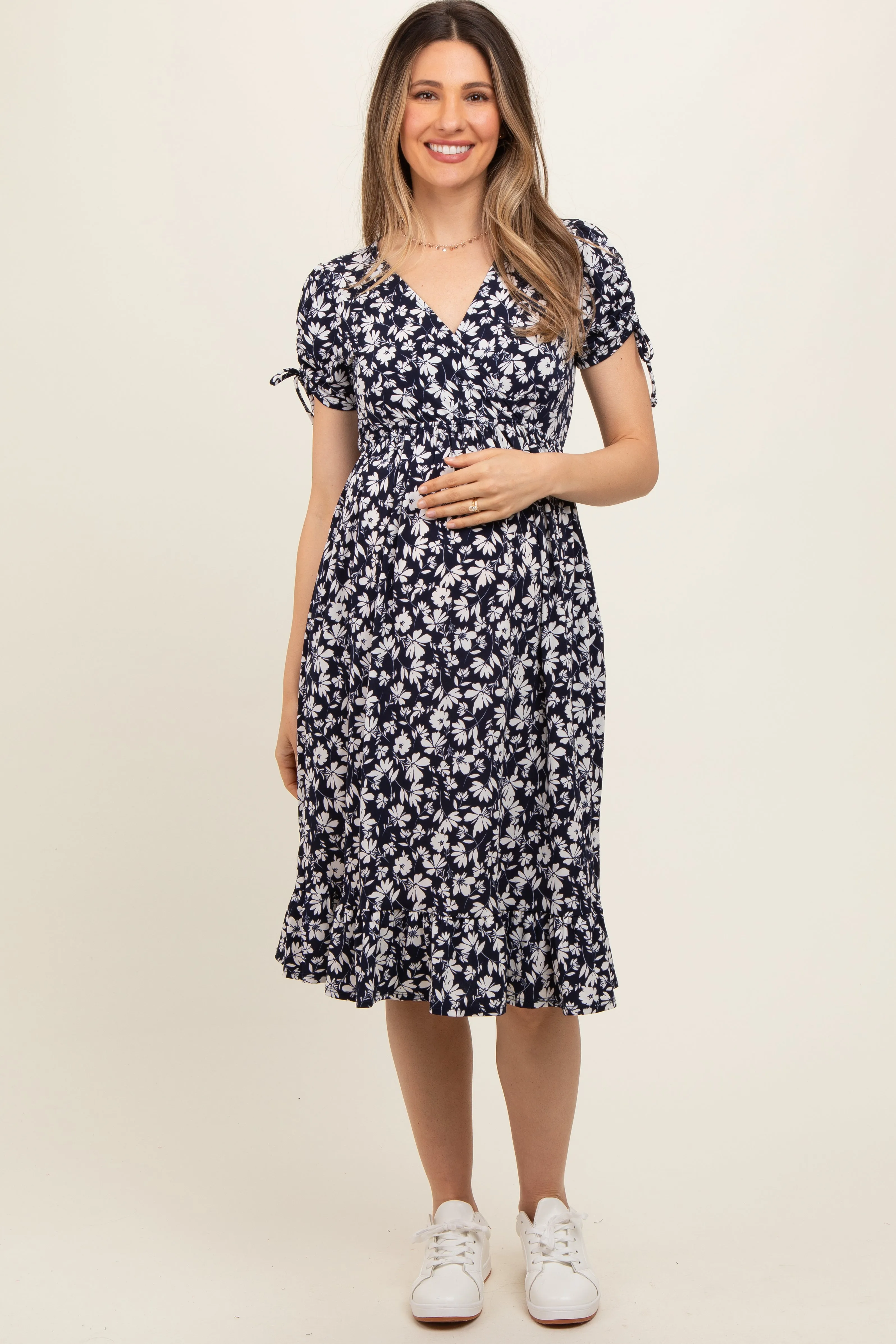 Navy Blue Floral Wrap Maternity Midi Dress sold by Pinkblush