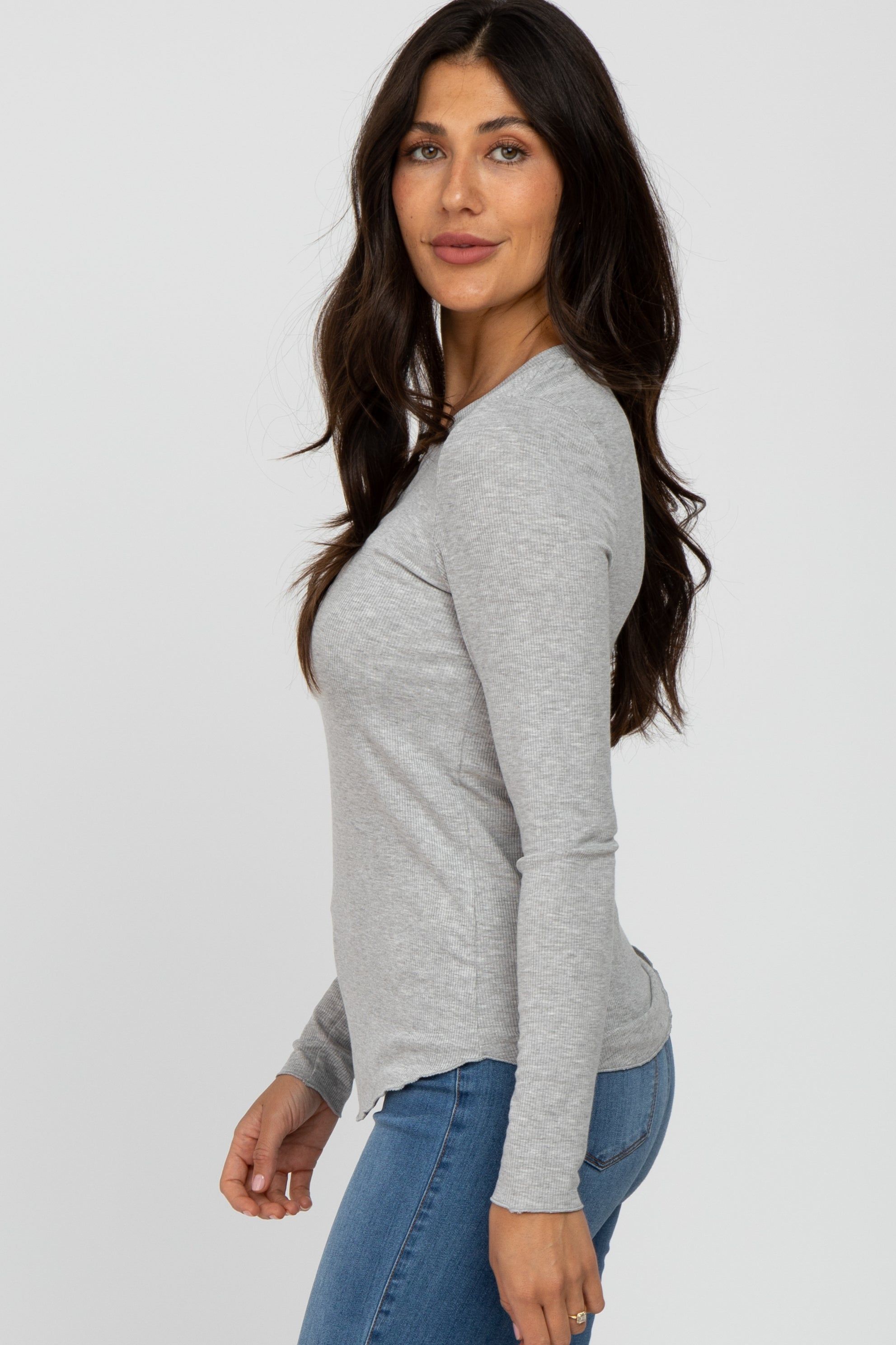 Heather Grey Ribbed Button Front Long Sleeve Top sold by Pinkblush product image thumbnail 3
