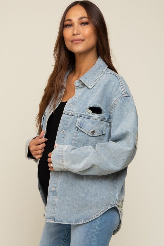 Light Blue Front Pocket Denim Maternity Shacket sold by Pinkblush product image thumbnail 3