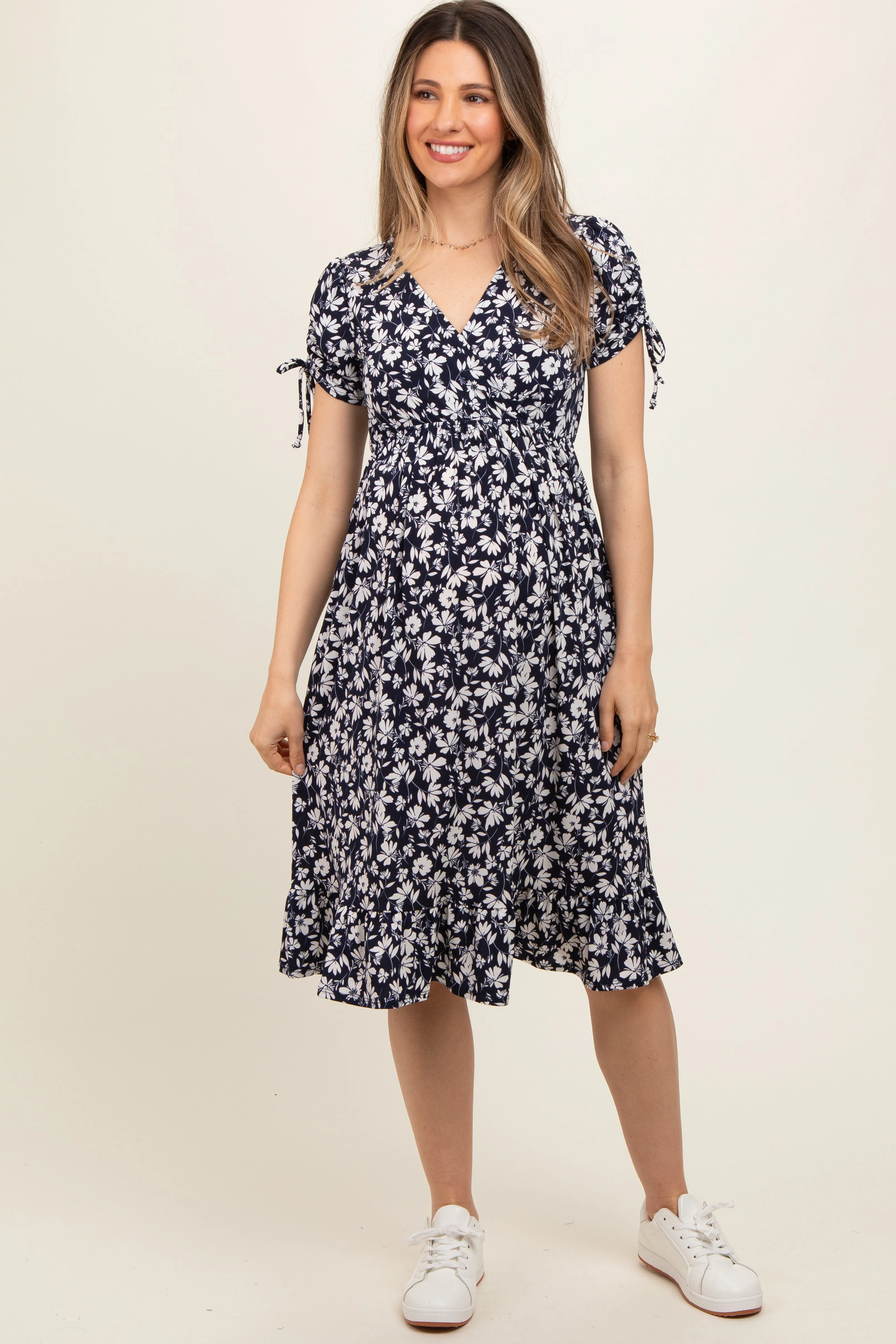 Navy Blue Floral Wrap Maternity Midi Dress sold by Pinkblush product image thumbnail 2