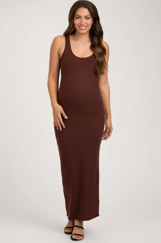 Dark Brown Sleeveless Striped Maternity Maxi Dress sold by Pinkblush