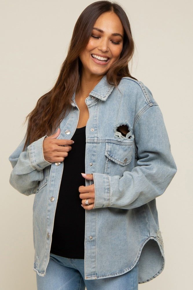 Light Blue Front Pocket Denim Maternity Shacket sold by Pinkblush
