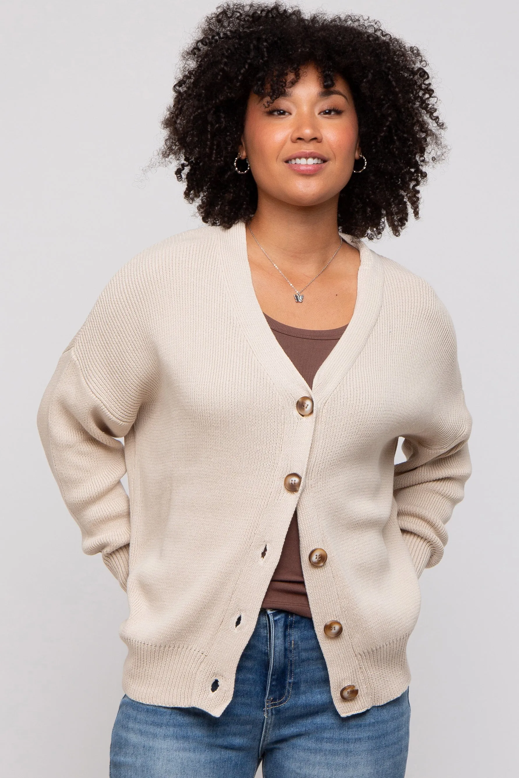 Beige Basic Ribbed Cardigan Sweater sold by Pinkblush