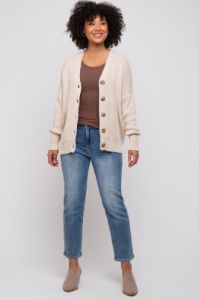Beige Basic Ribbed Cardigan Sweater sold by Pinkblush