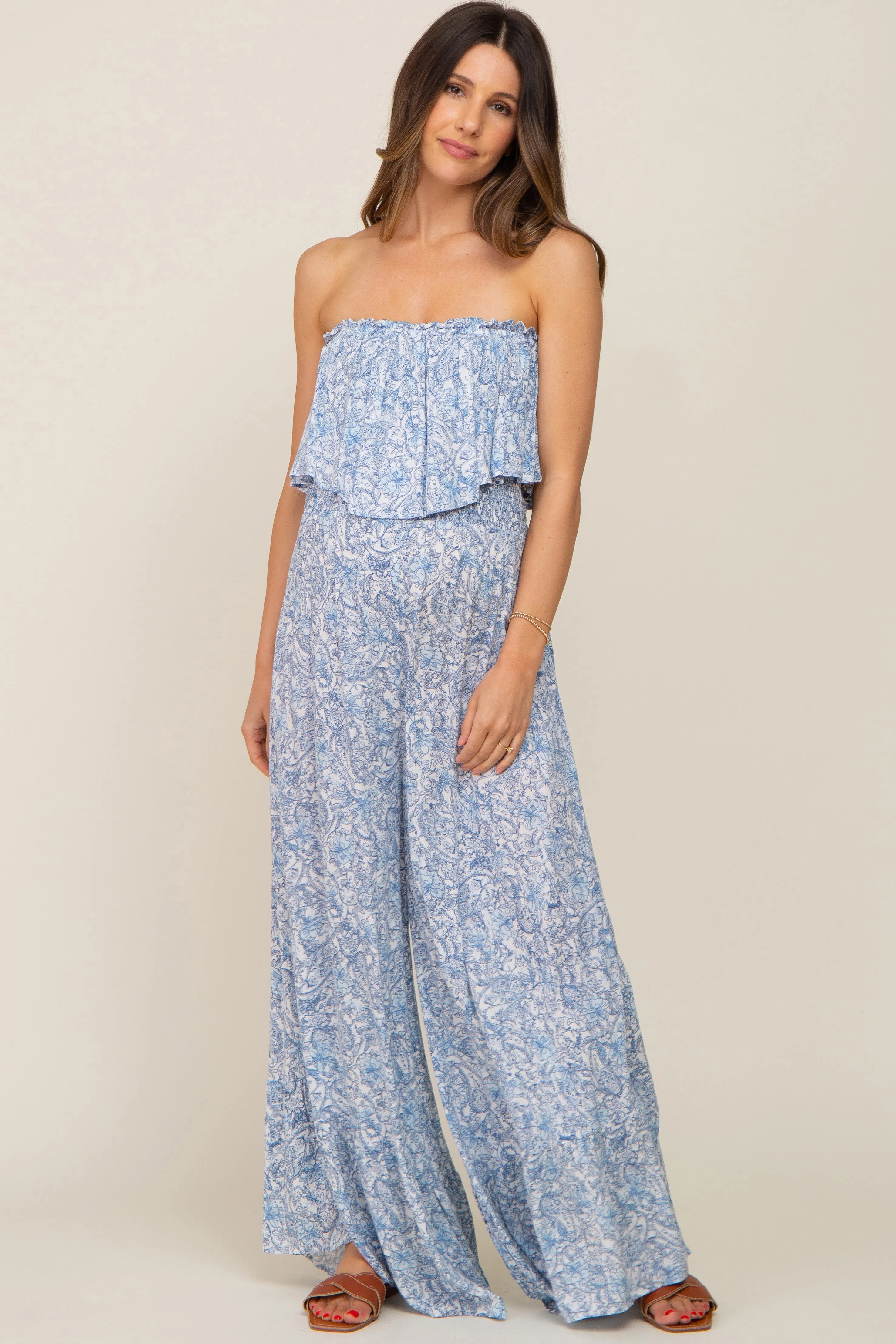 Light Blue Paisley Ruffle Strapless Maternity Jumpsuit sold by Pinkblush product image thumbnail 2
