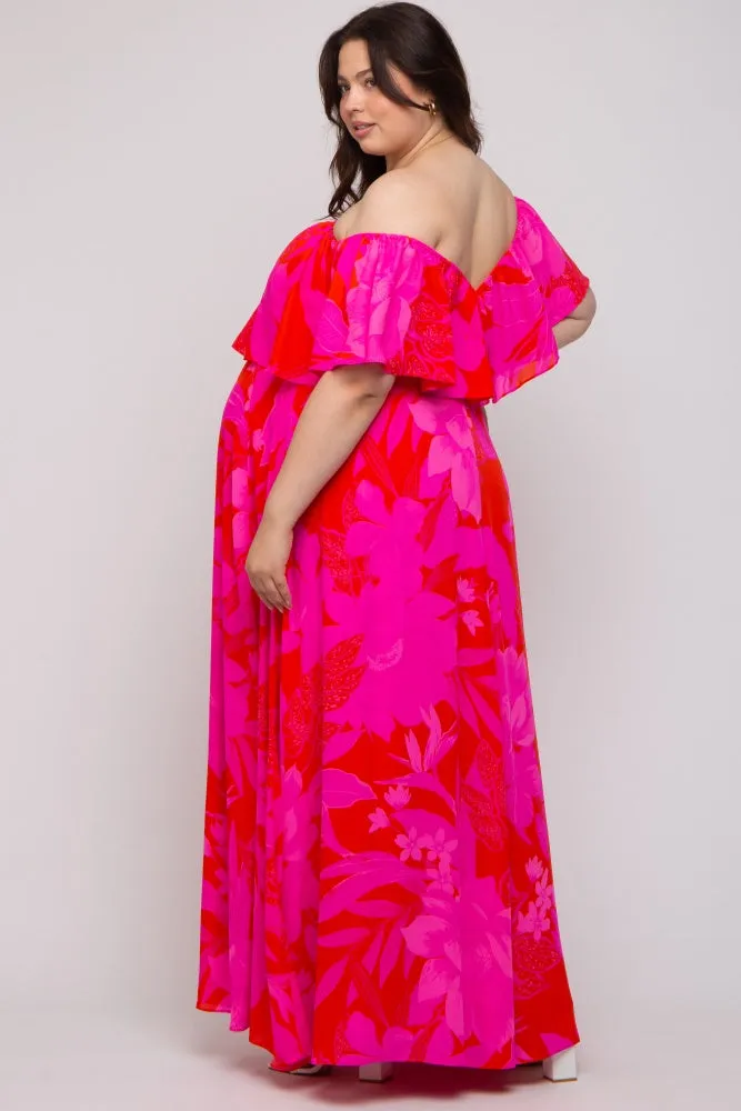 Red Floral Ruffle Off Shoulder Maternity Plus Maxi Dress sold by Pinkblush product image thumbnail 3