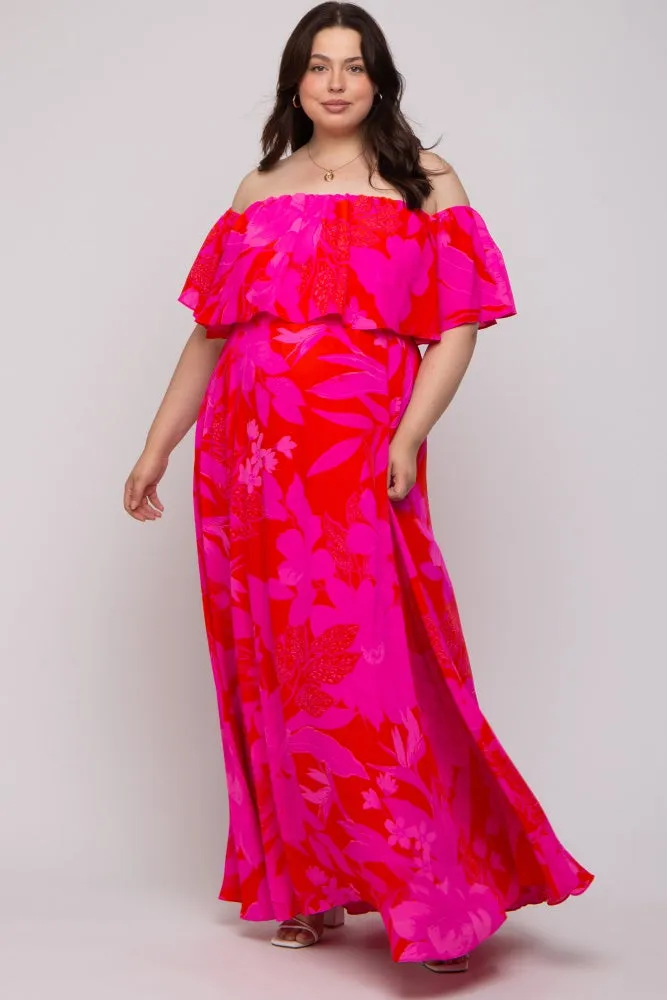 Red Floral Ruffle Off Shoulder Maternity Plus Maxi Dress sold by Pinkblush