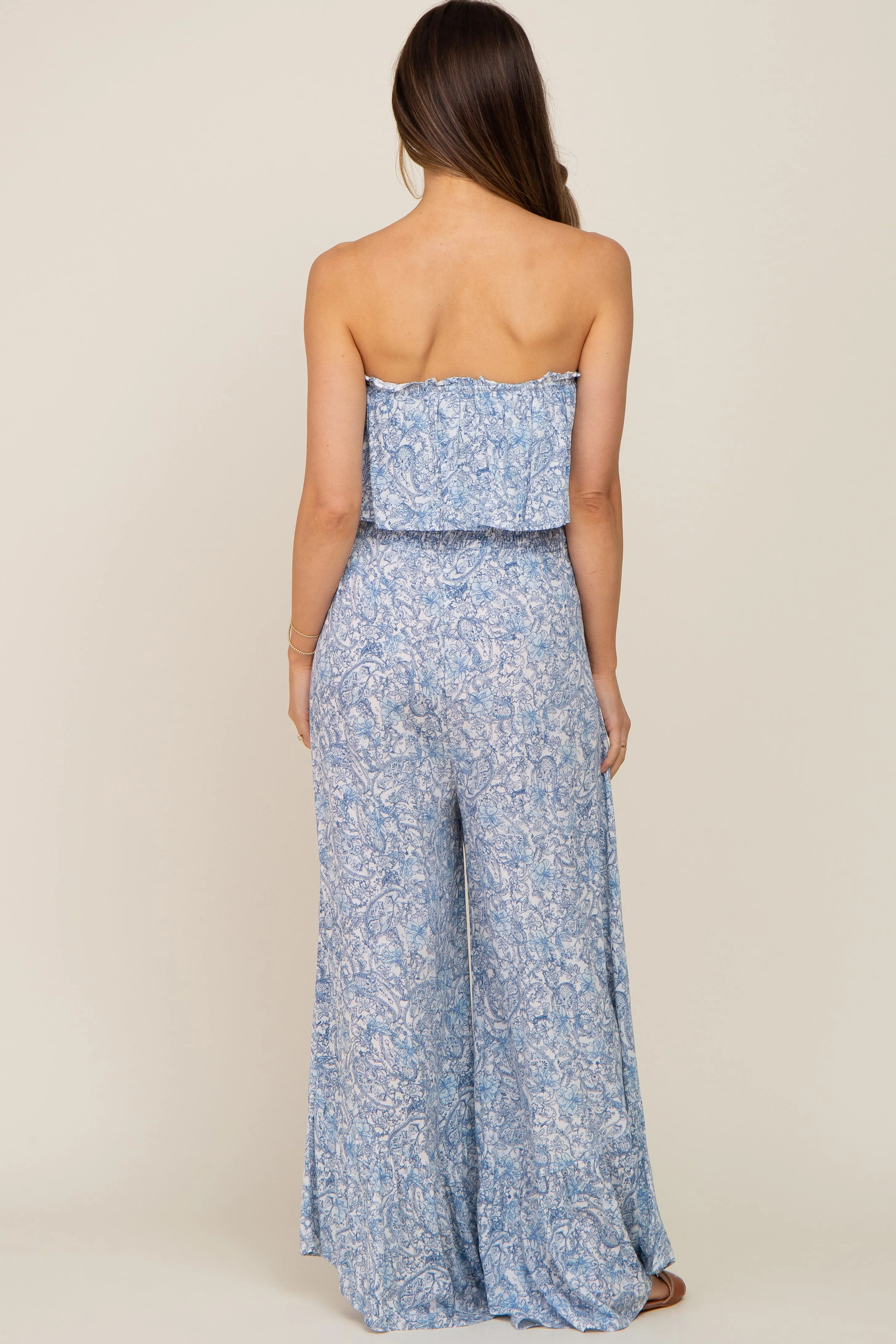 Light Blue Paisley Ruffle Strapless Maternity Jumpsuit sold by Pinkblush product image thumbnail 4