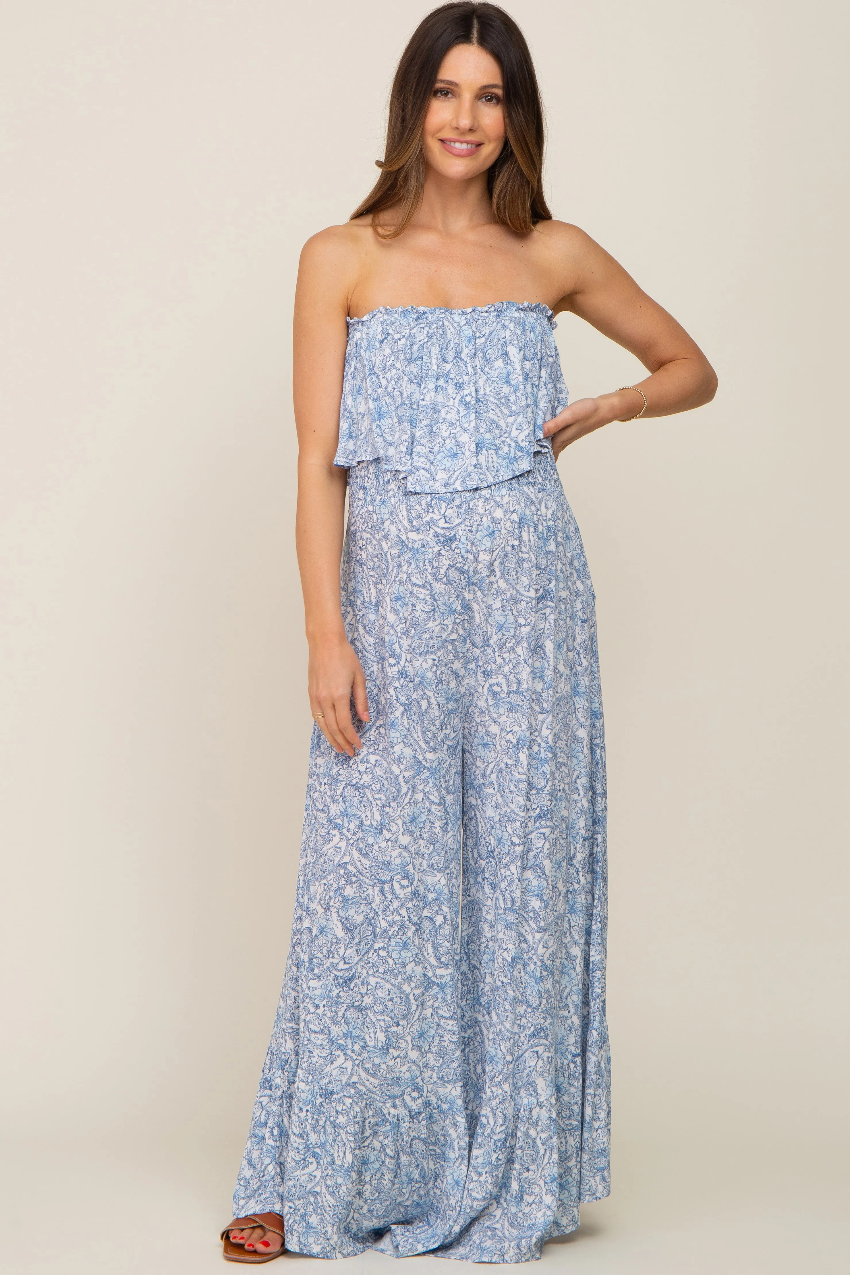 Light Blue Paisley Ruffle Strapless Maternity Jumpsuit sold by Pinkblush