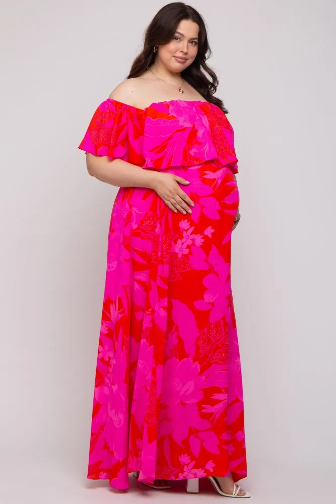 Red Floral Ruffle Off Shoulder Maternity Plus Maxi Dress sold by Pinkblush product image thumbnail 2