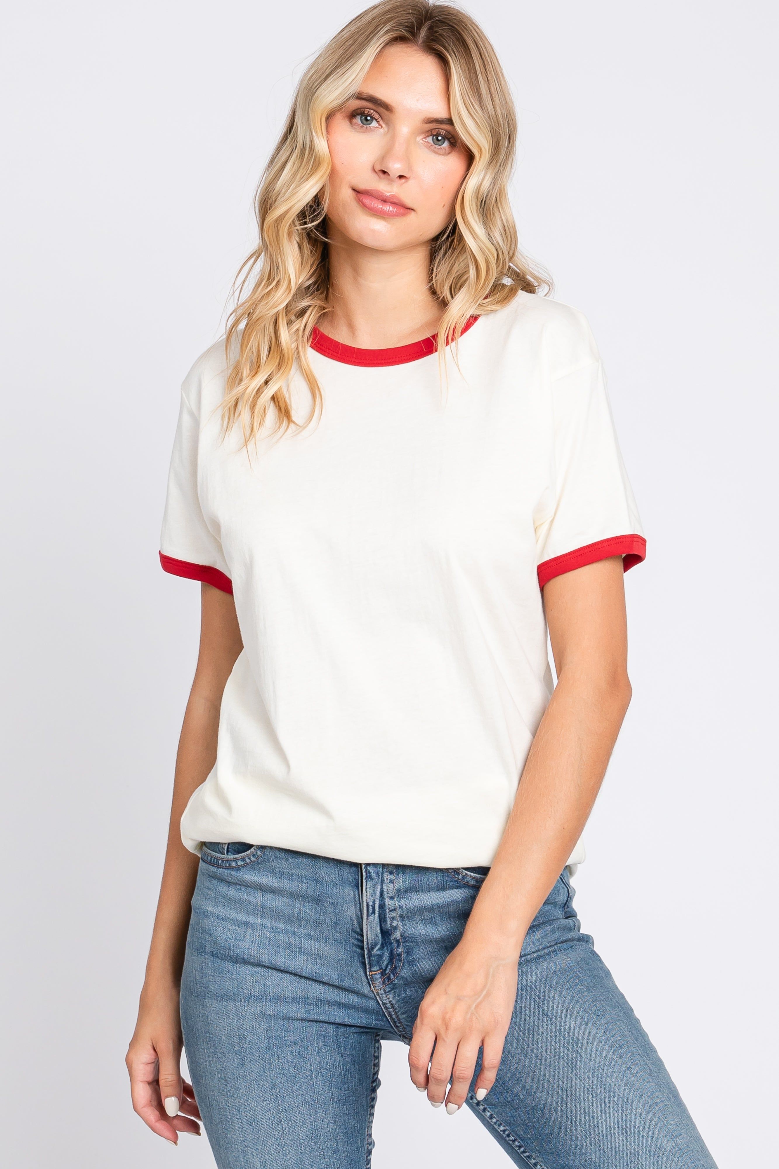 Red Cream Short Sleeve Ringer Tee sold by Pinkblush product image thumbnail 5