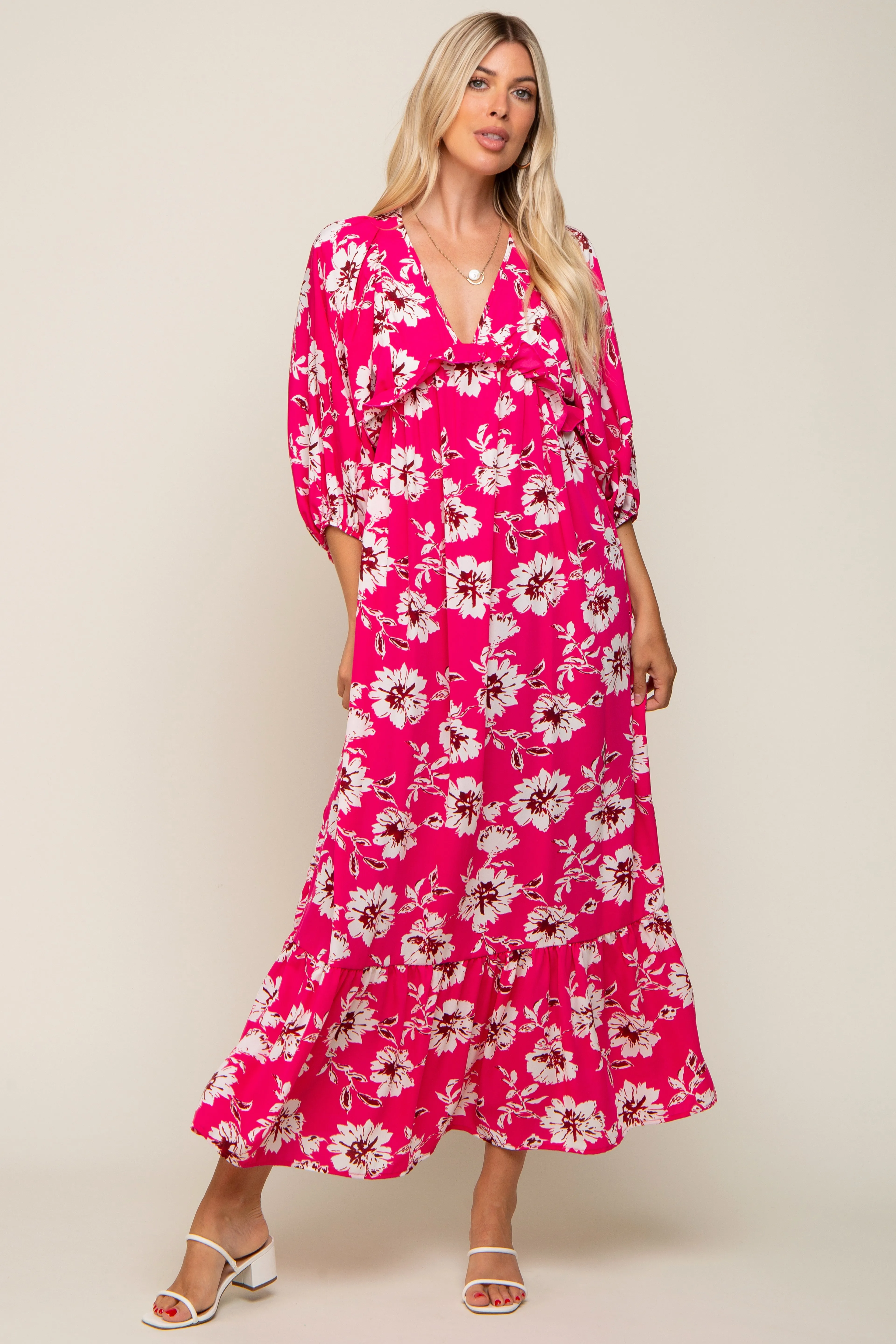Fuchsia Floral V-Neck Dolman 3/4 Sleeve Midi Dress sold by Pinkblush product image thumbnail 3