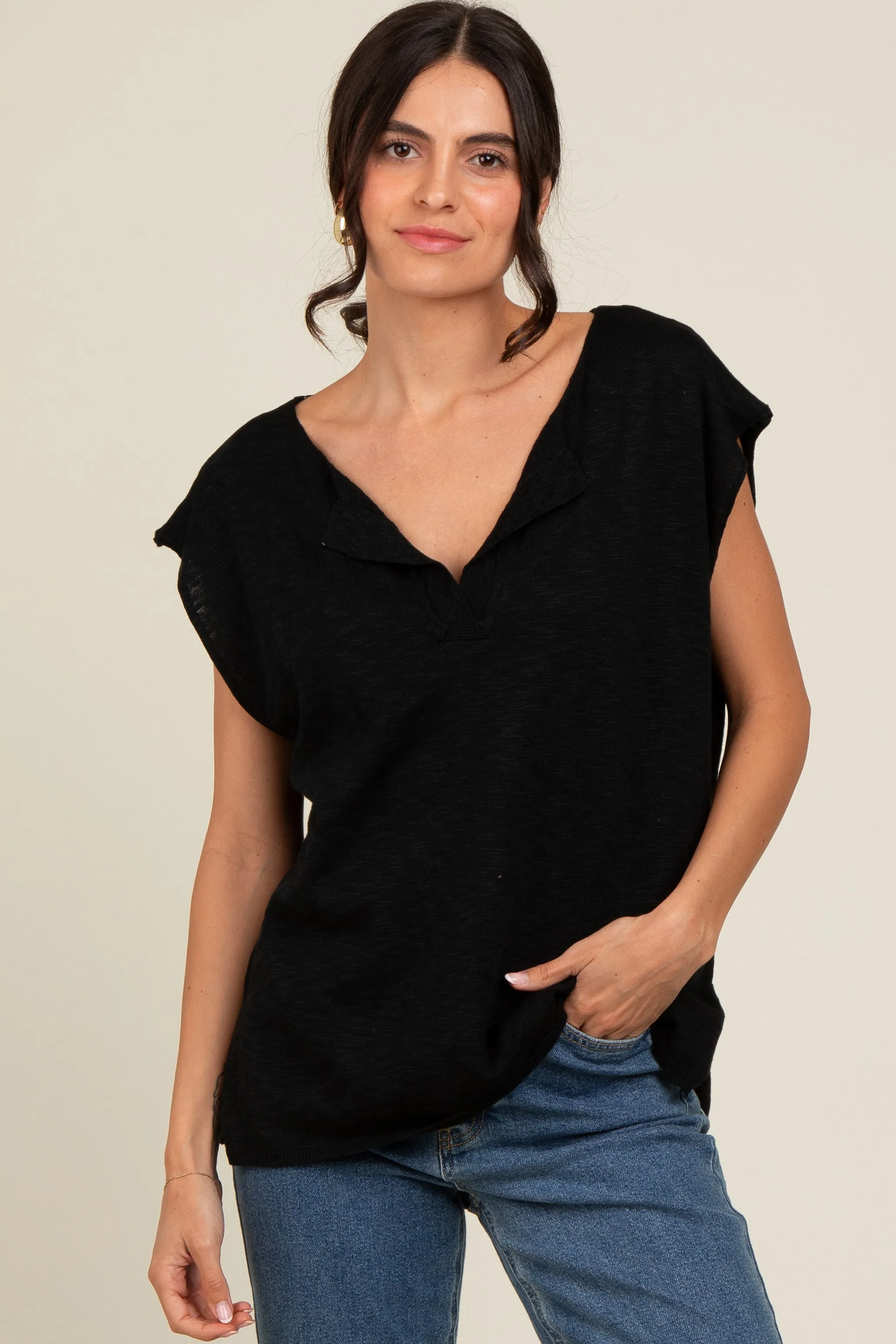 Black Two Tone Split V-Neck Dolman Short Sleeve Top sold by Pinkblush product image thumbnail 2