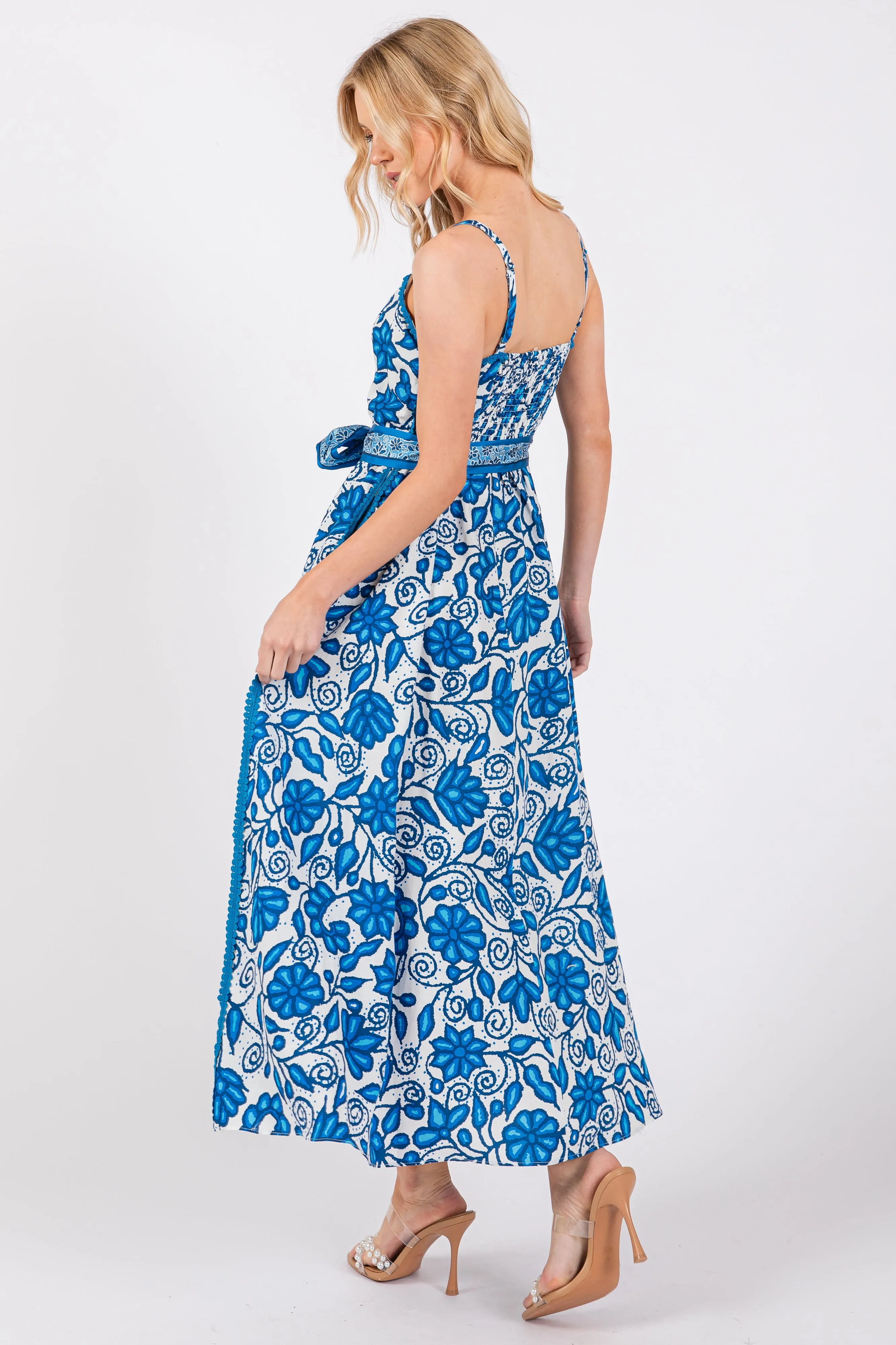 Blue Floral Crochet Accent Waist Tie Dress sold by Pinkblush product image thumbnail 3