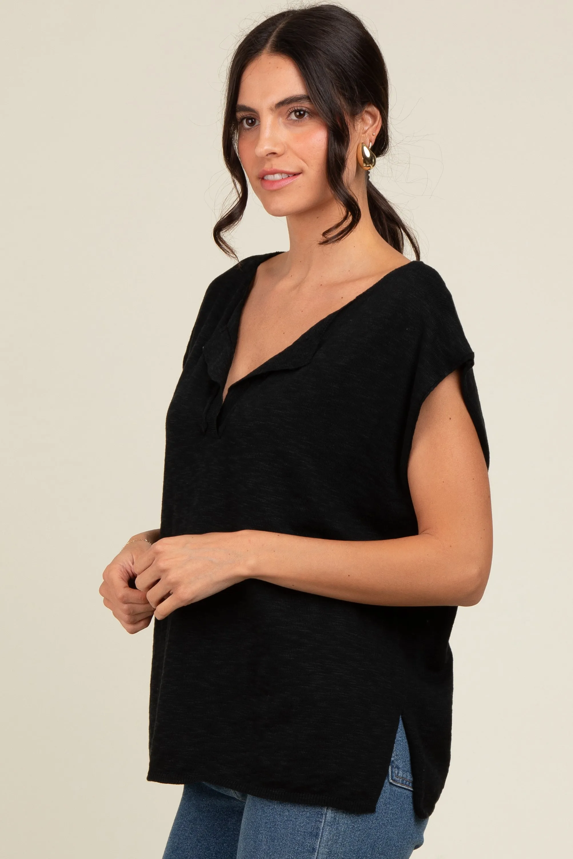 Black Two Tone Split V-Neck Dolman Short Sleeve Top sold by Pinkblush product image thumbnail 3