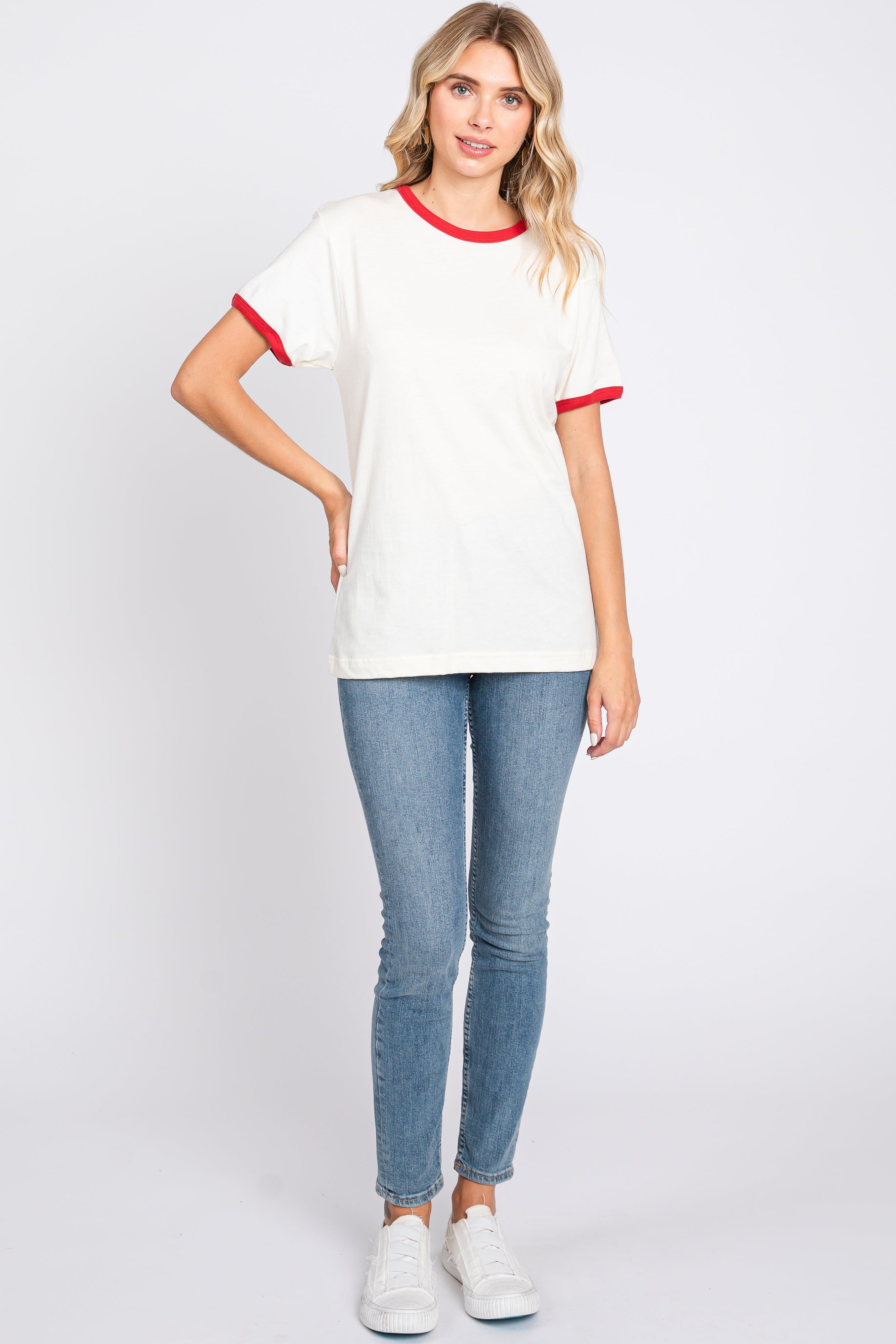 Red Cream Short Sleeve Ringer Tee sold by Pinkblush product image thumbnail 4