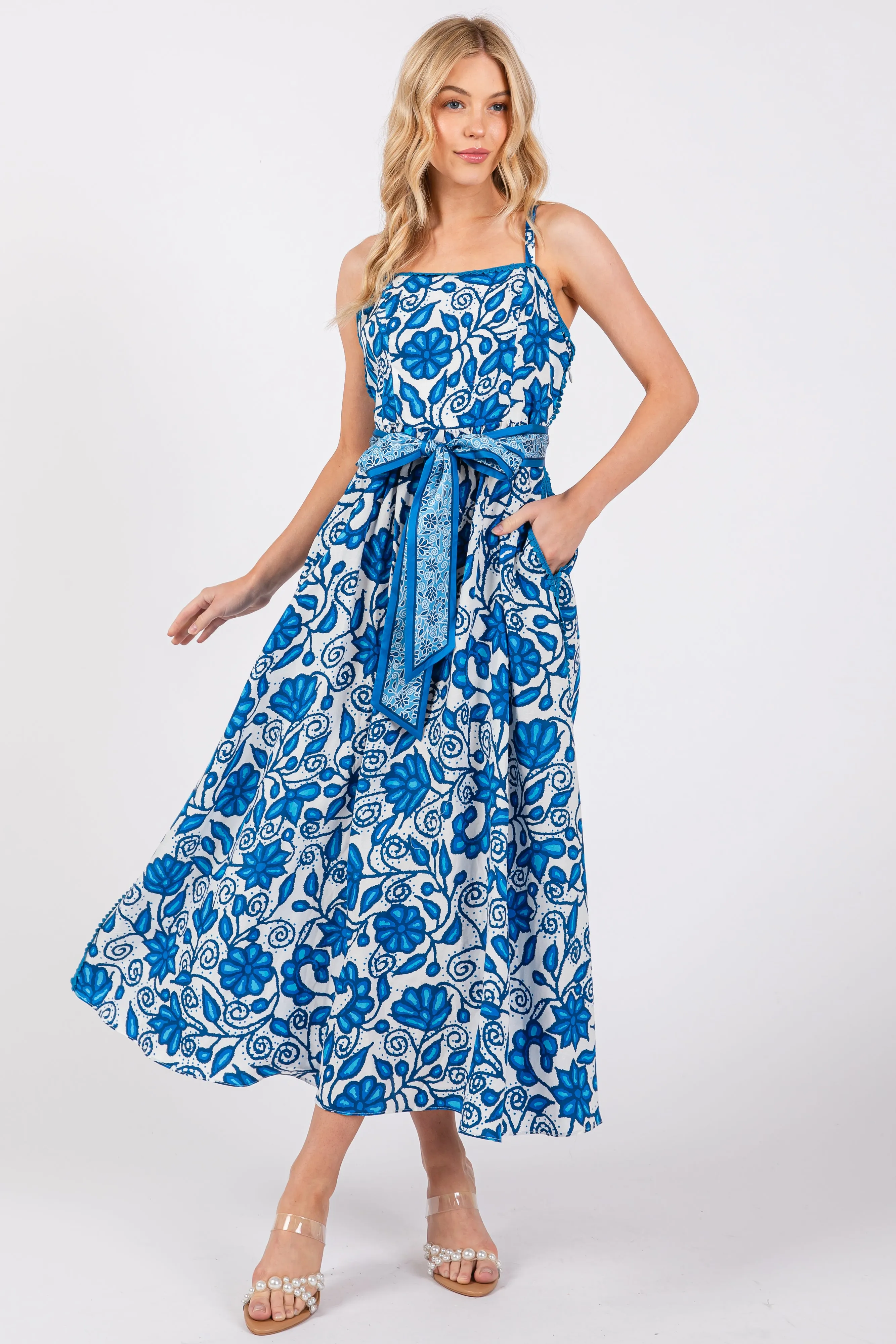 Blue Floral Crochet Accent Waist Tie Dress sold by Pinkblush