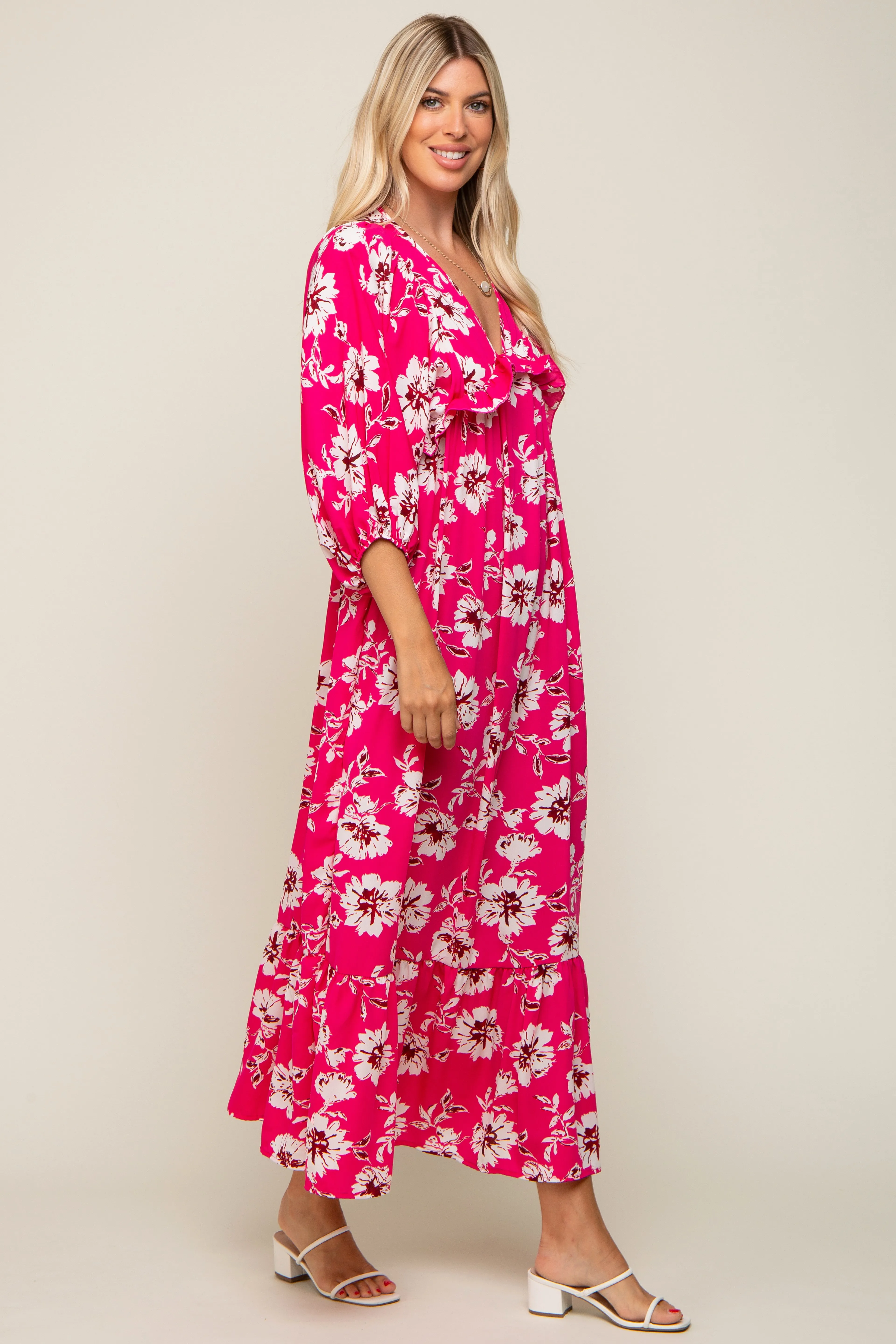 Fuchsia Floral V-Neck Dolman 3/4 Sleeve Midi Dress sold by Pinkblush product image thumbnail 2