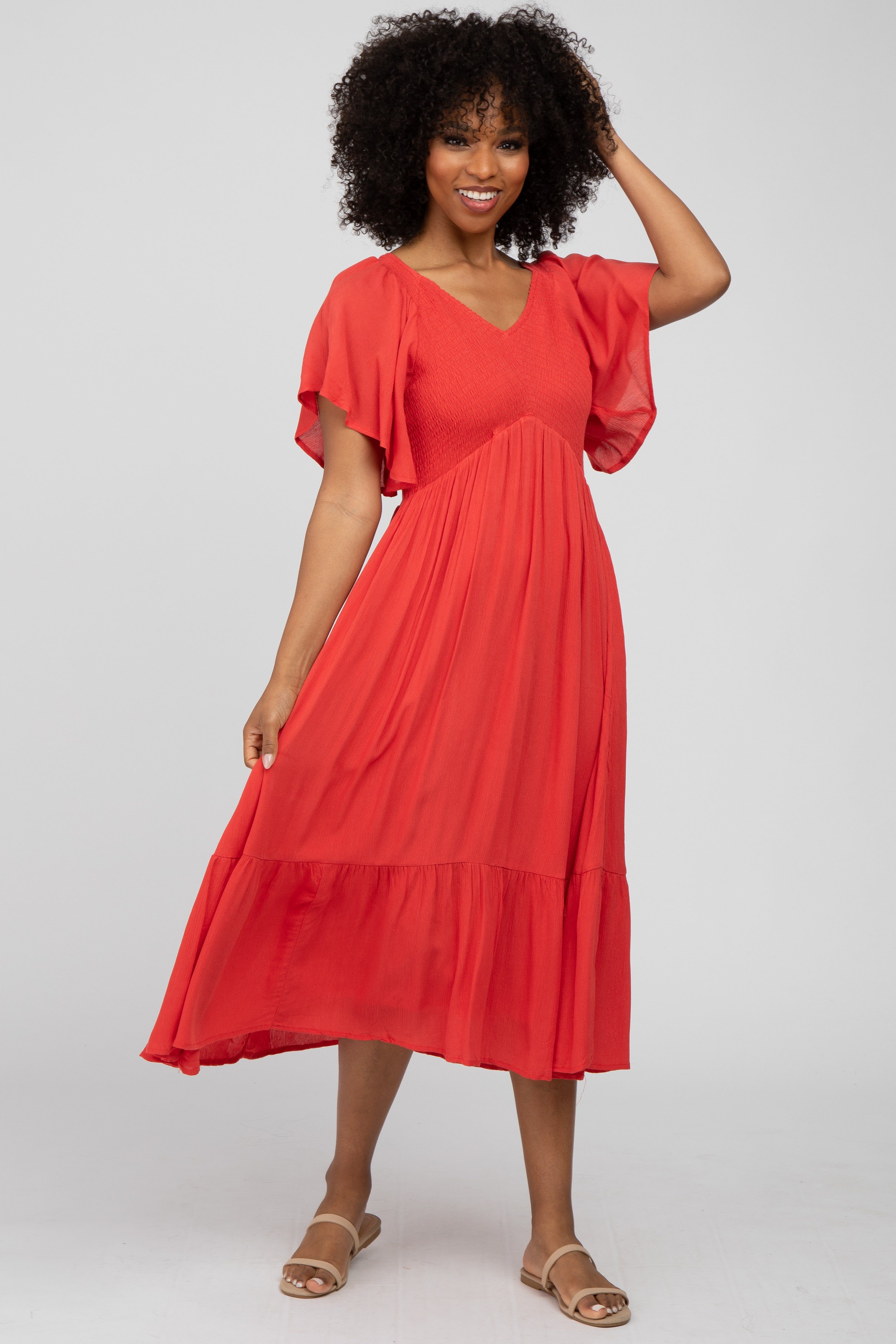 Coral Smocked Ruffle Dress sold by Pinkblush