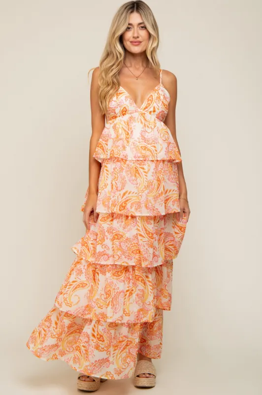 Ivory Floral Chiffon Open Back Tiered Maternity Maxi Dress sold by Pinkblush