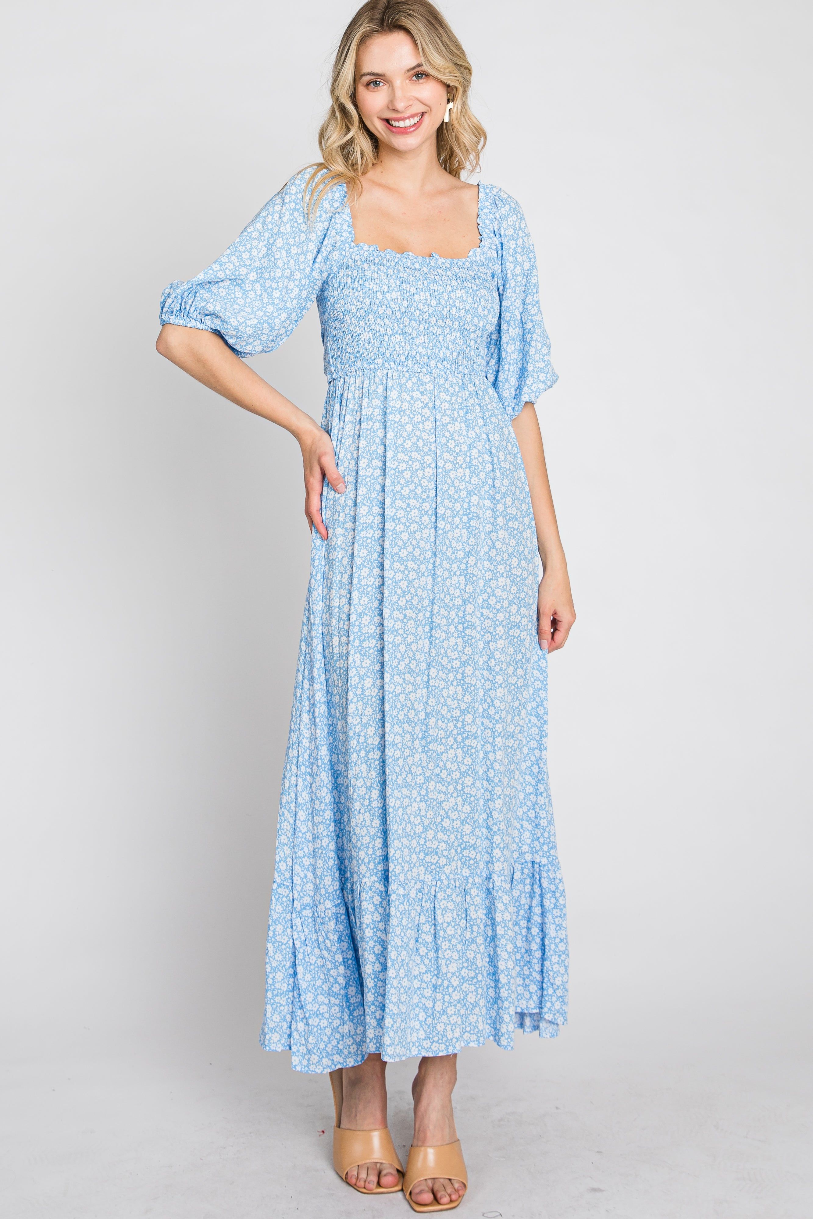 Blue Floral Smocked Maxi Dress sold by Pinkblush product image thumbnail 8