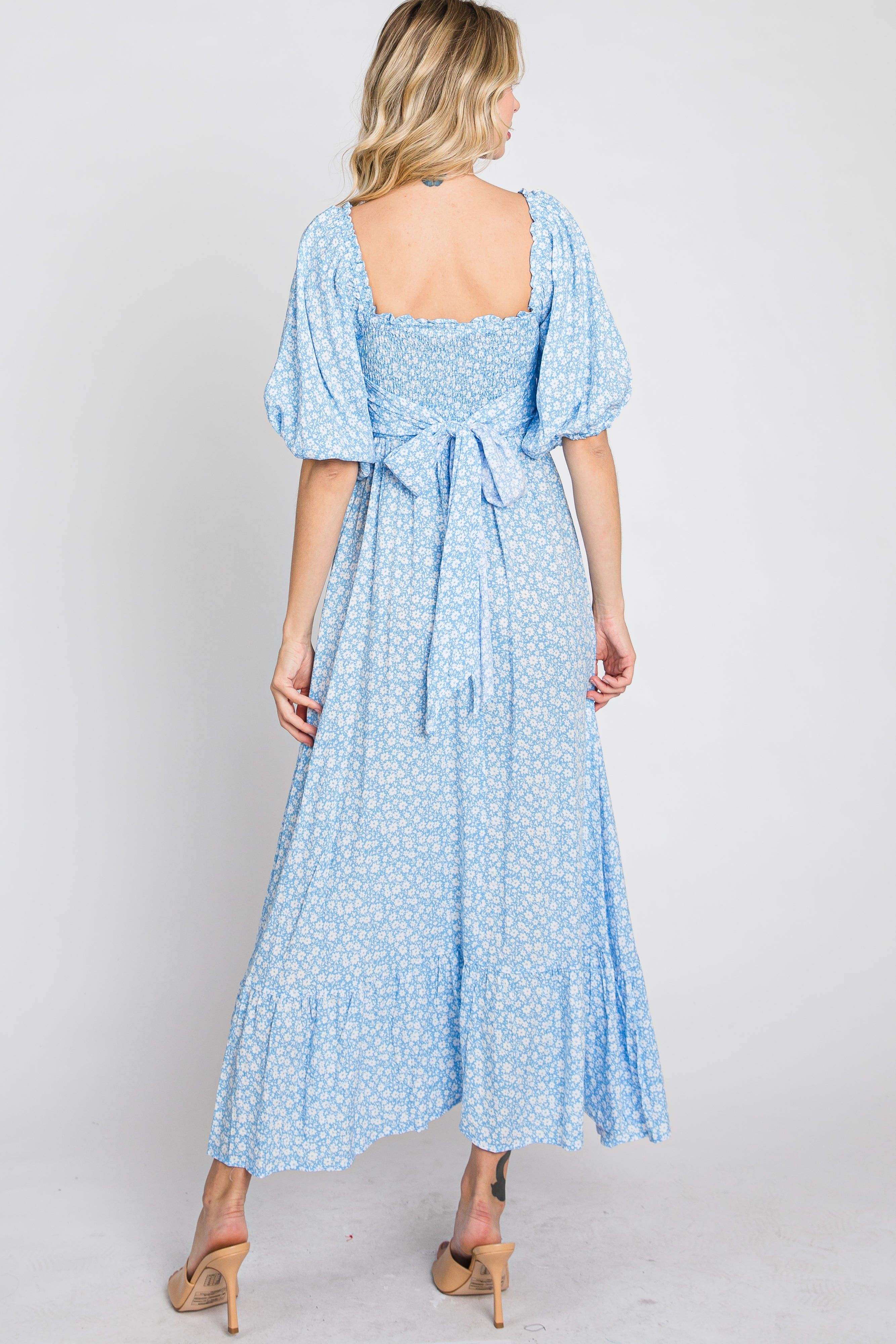 Blue Floral Smocked Maxi Dress sold by Pinkblush product image thumbnail 6