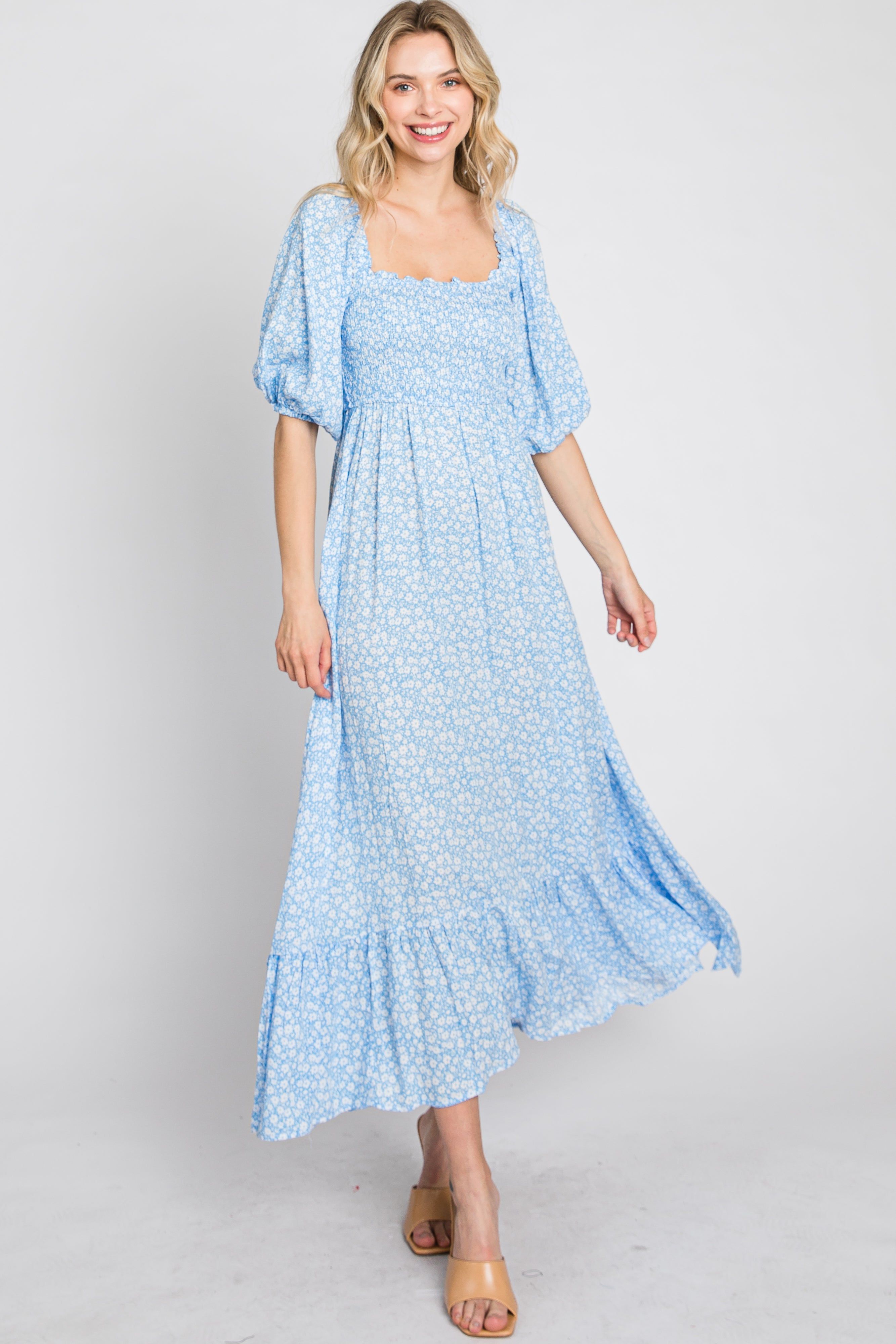 Blue Floral Smocked Maxi Dress sold by Pinkblush product image thumbnail 3