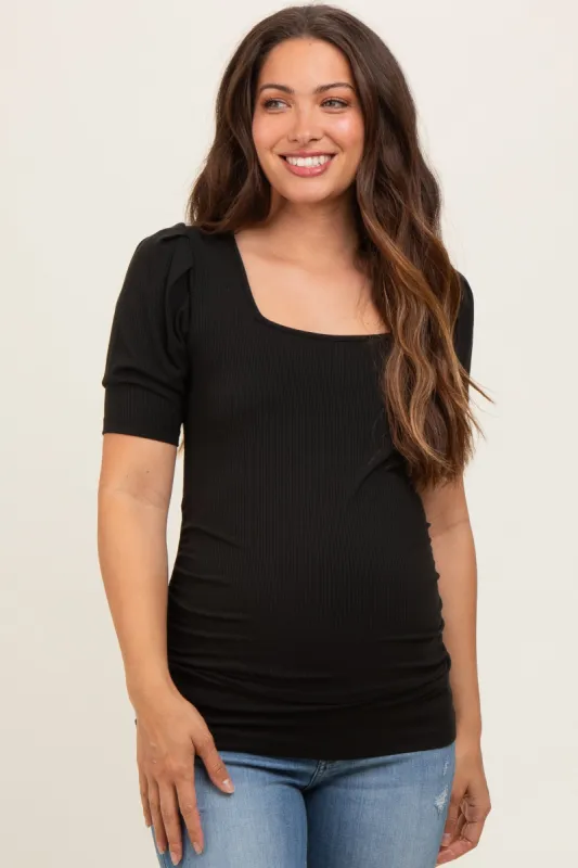 Black Ribbed Ruched Square Neck Puff Sleeve Maternity Top sold by Pinkblush