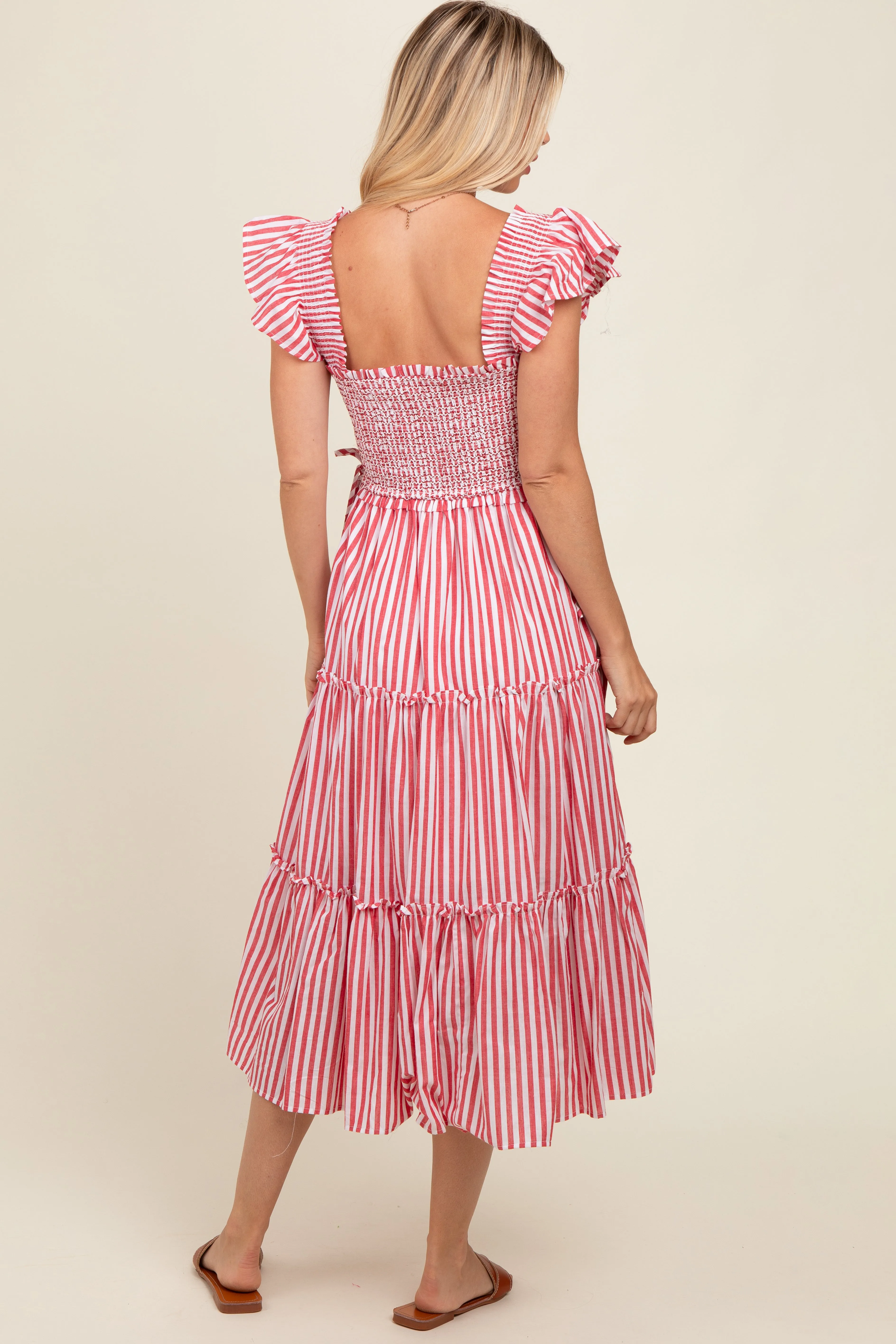 Red Striped Smocked Ruffle Tiered Midi Dress sold by Pinkblush product image thumbnail 4