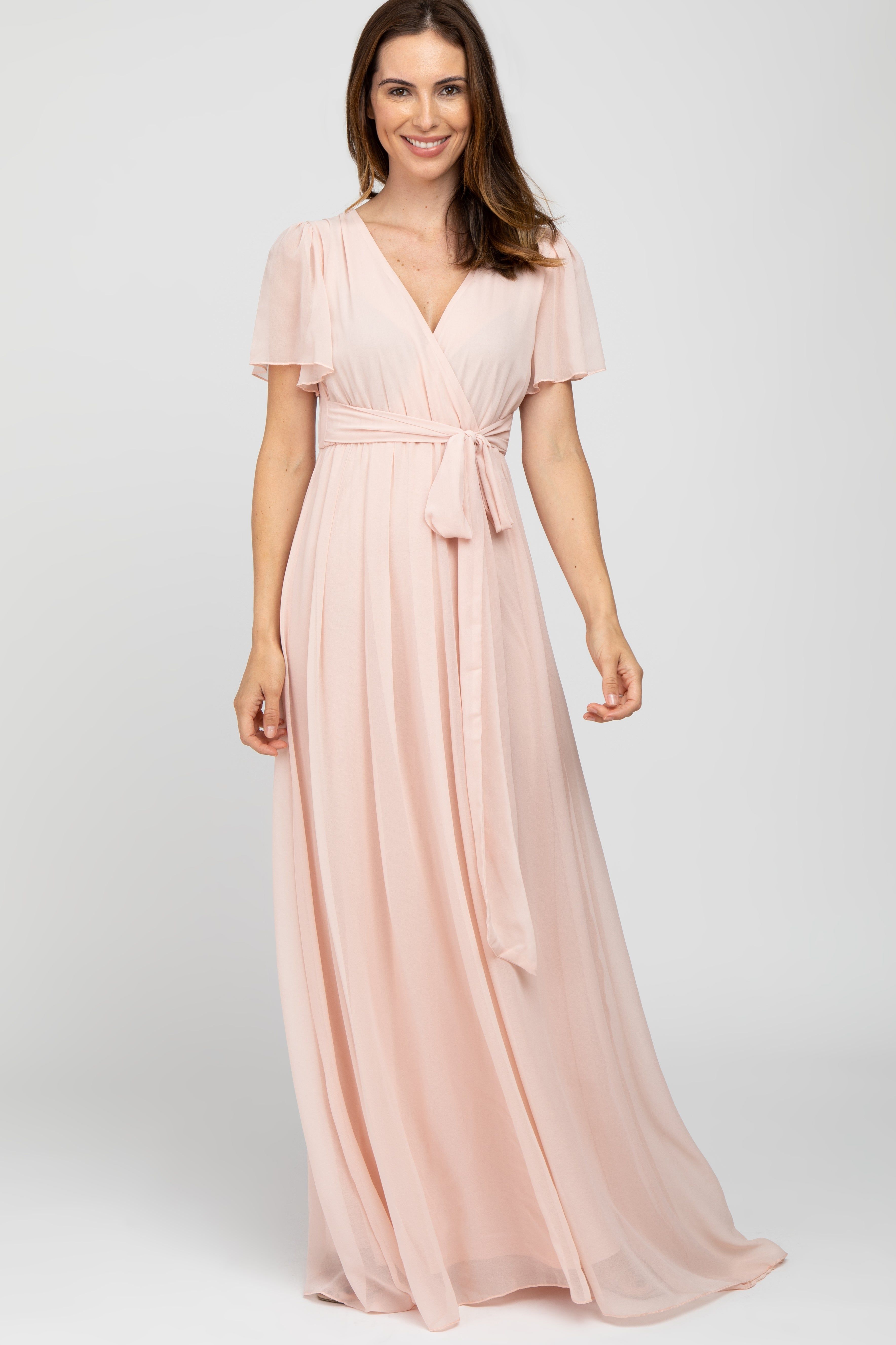 Light Pink Chiffon Short Sleeve Maxi Dress sold by Pinkblush