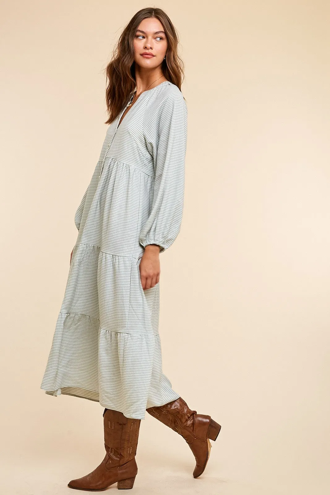 Green Gingham Print Button Down Midi Dress sold by Pinkblush product image thumbnail 3