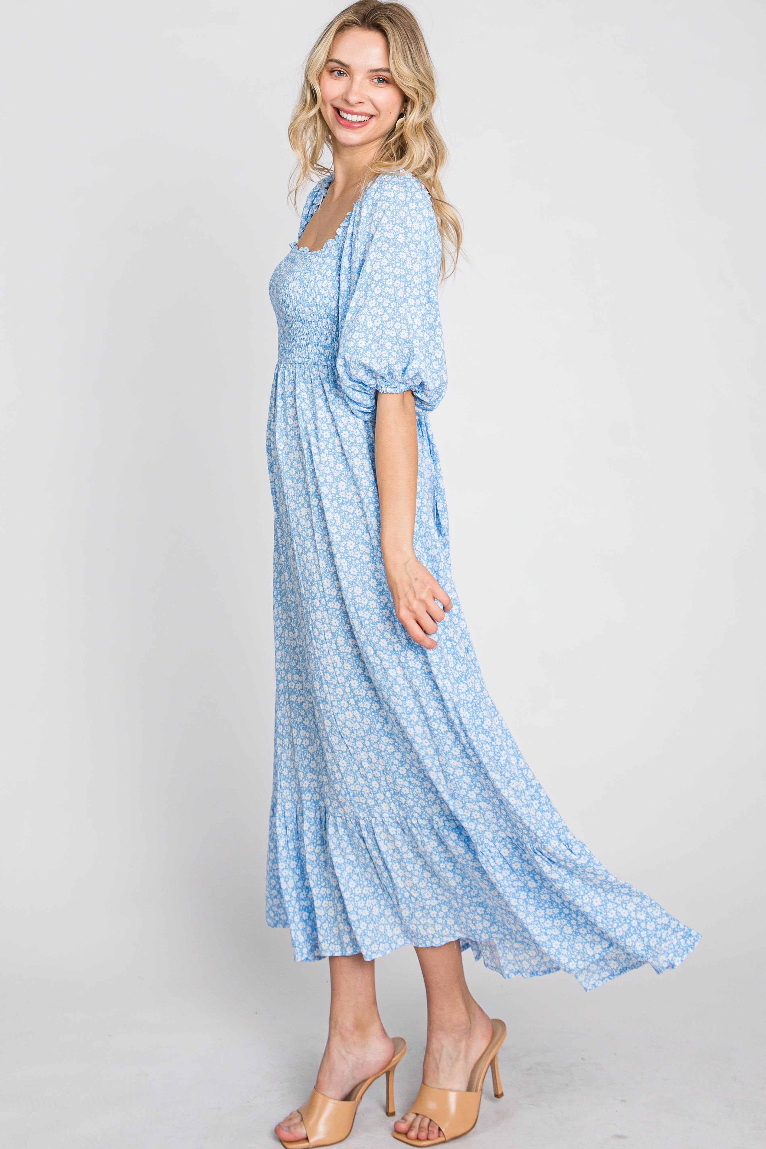 Blue Floral Smocked Maxi Dress sold by Pinkblush product image thumbnail 4