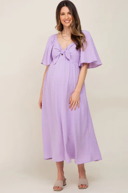 Lavender Textured Dot Front Tie Ruffle Sleeve Maternity Midi Dress sold by Pinkblush