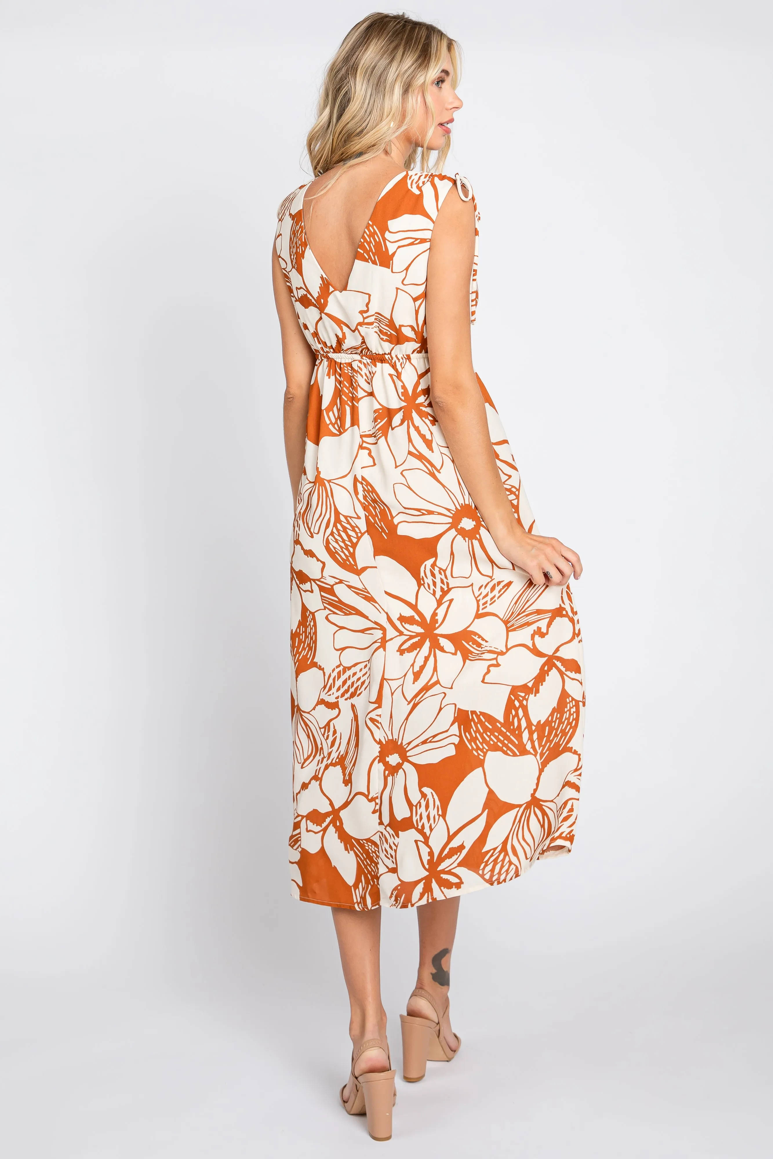 Rust Floral Shoulder Tie Midi Dress sold by Pinkblush product image thumbnail 3